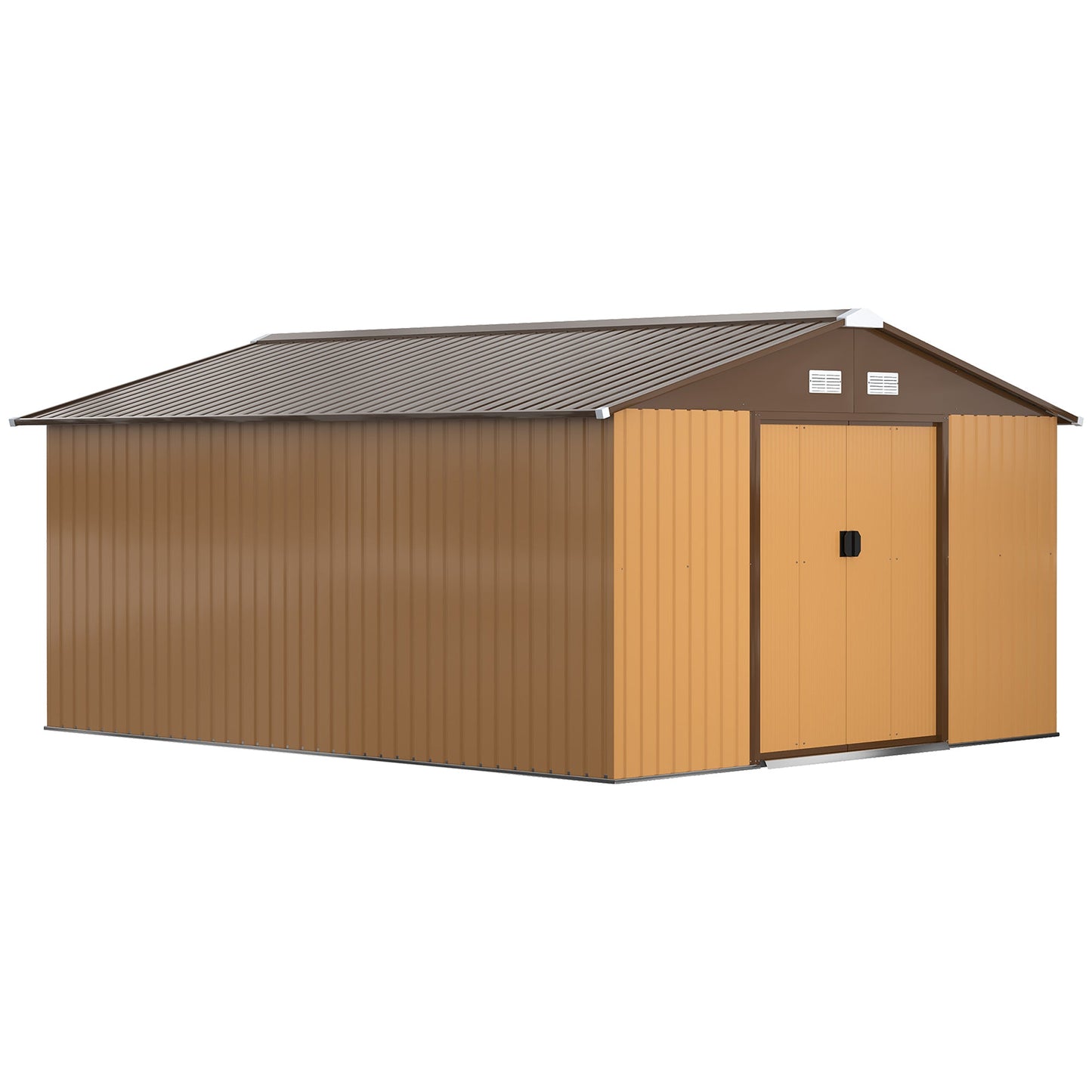 11' x 13' Garden Storage Shed with Foundation Kit, Metal Tool Storage House with Double Doors for Outdoor Patio Yard, Yellow
