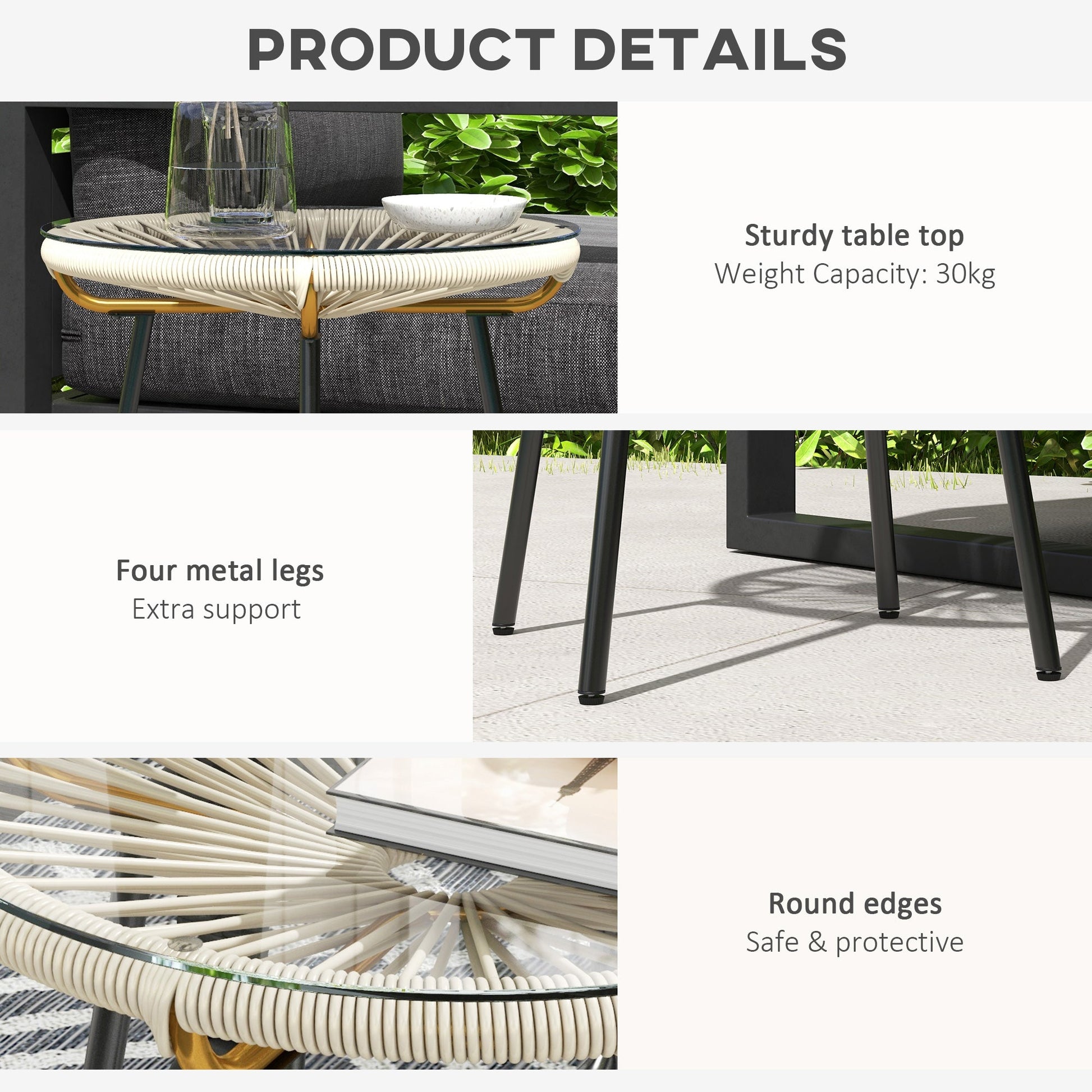 Rattan Side Table, Outdoor Round Coffee Table, with Round PE Rattan and Tempered Glass Tabletop for Patio, Garden, Balcony, Cream White