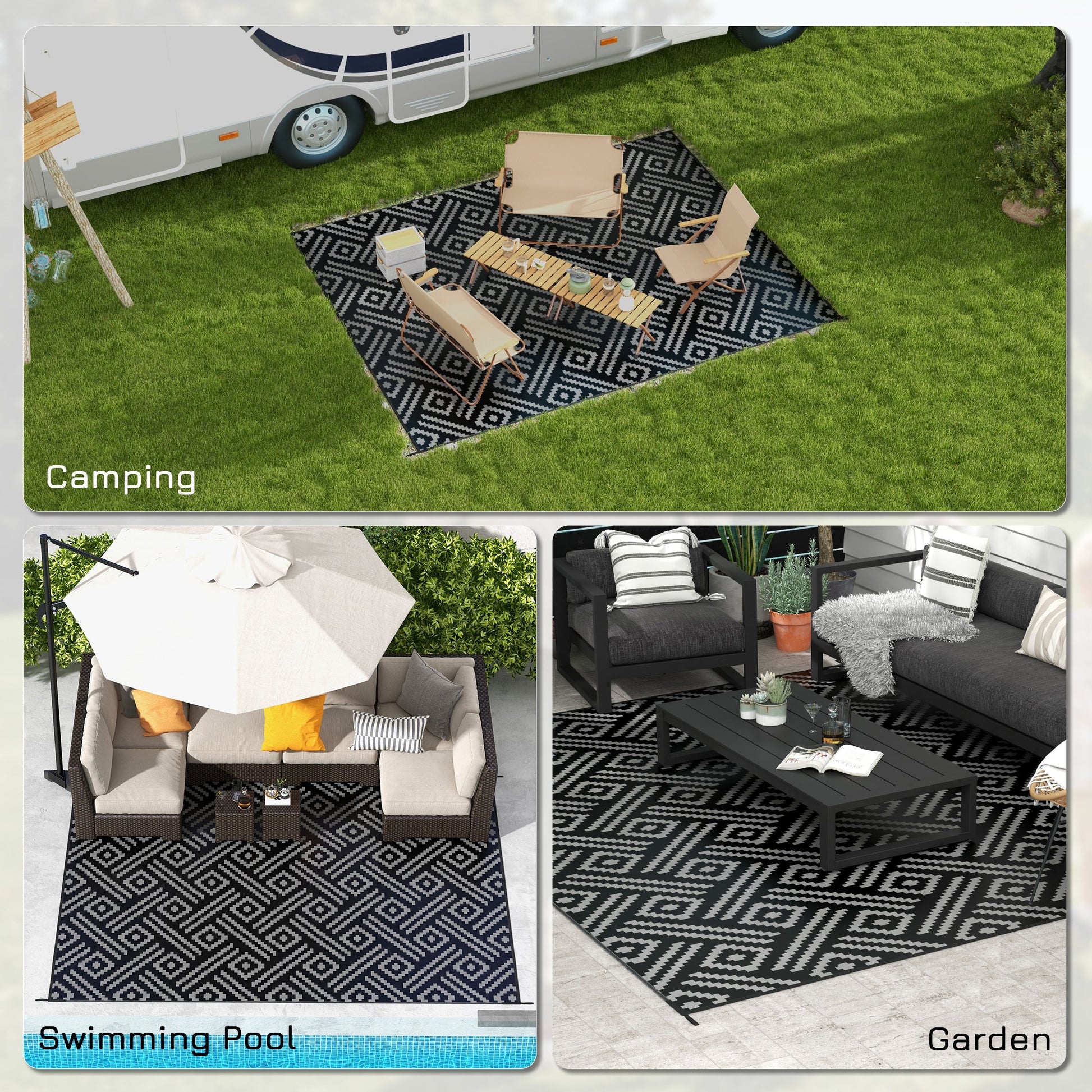 Portable Outdoor Rug with Carry Bag, 9' x 12' Reversible Mat, Waterproof Plastic Straw RV Rug for Backyard, Deck, Picnic, Beach, Camping, Black and Grey Geometric