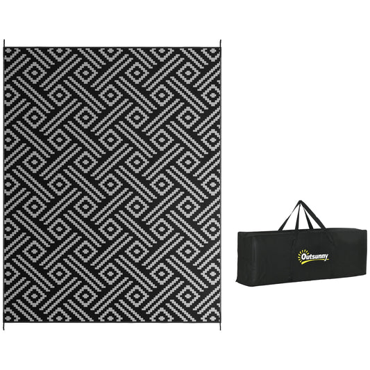 Portable Outdoor Rug with Carry Bag, 9' x 12' Reversible Mat, Waterproof Plastic Straw RV Rug for Backyard, Deck, Picnic, Beach, Camping, Black and Grey Geometric