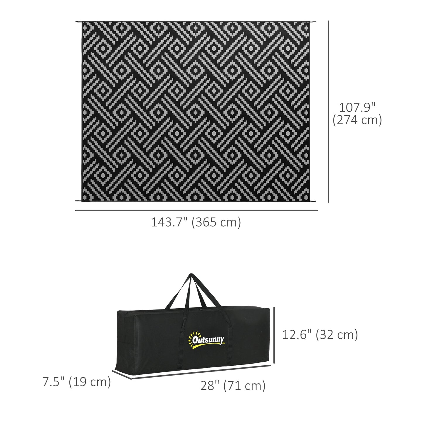 Portable Outdoor Rug with Carry Bag, 9' x 12' Reversible Mat, Waterproof Plastic Straw RV Rug for Backyard, Deck, Picnic, Beach, Camping, Black and Grey Geometric