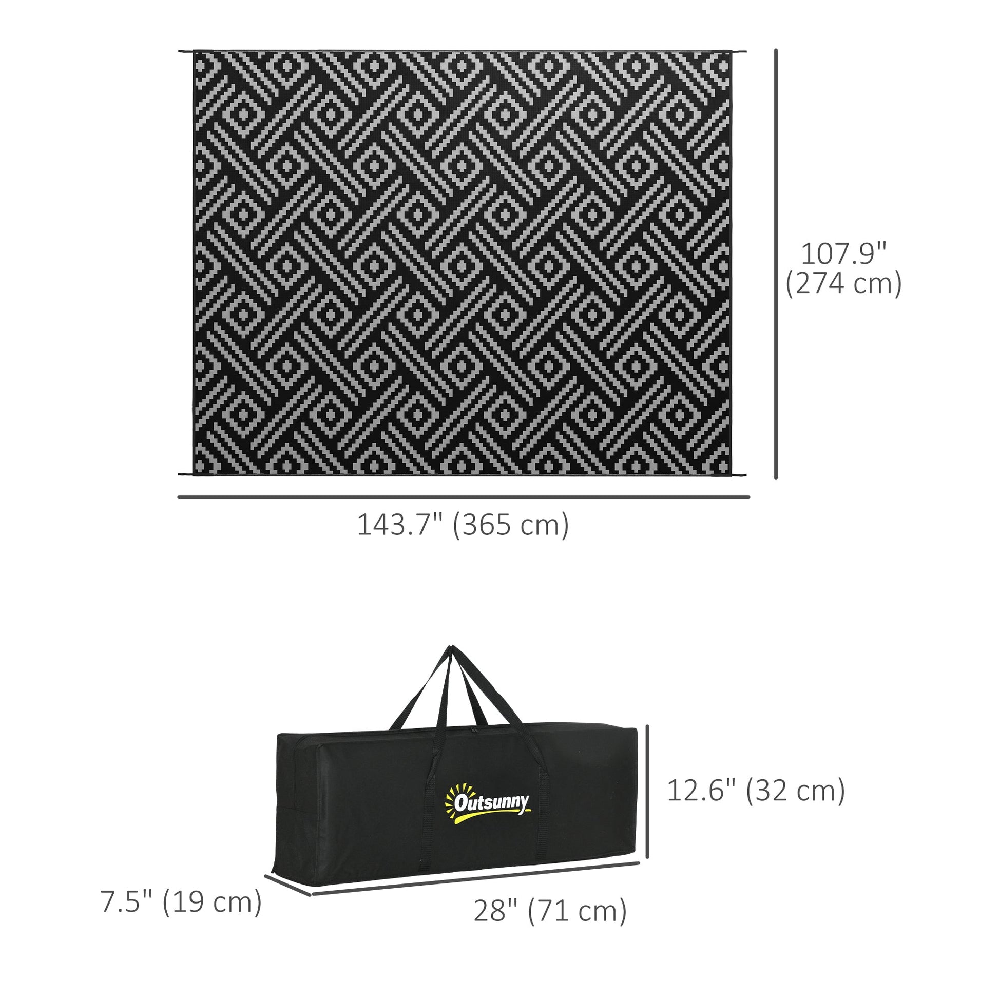 Portable Outdoor Rug with Carry Bag, 9' x 12' Reversible Mat, Waterproof Plastic Straw RV Rug for Backyard, Deck, Picnic, Beach, Camping, Black and Grey Geometric