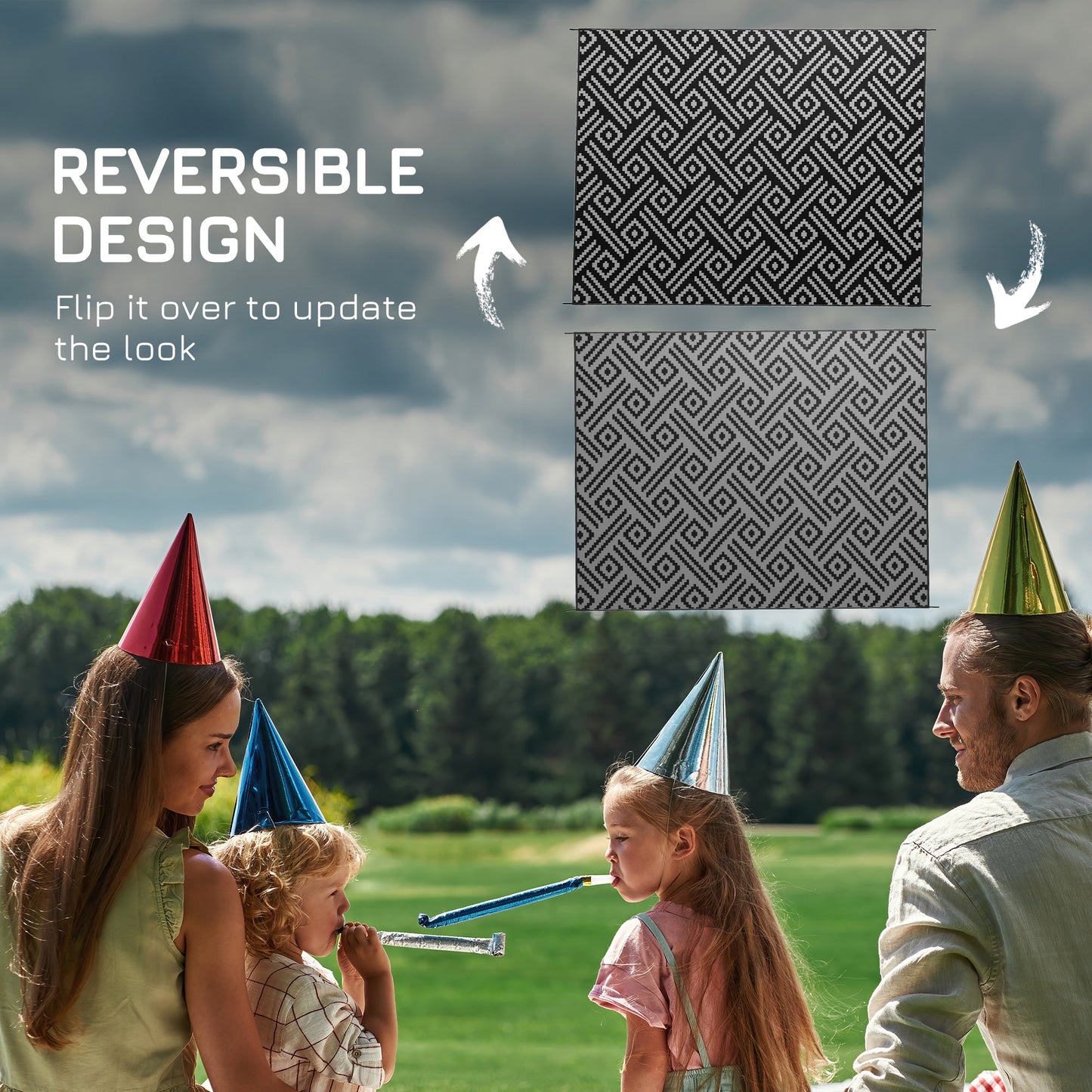 Portable Outdoor Rug with Carry Bag, 9' x 12' Reversible Mat, Waterproof Plastic Straw RV Rug for Backyard, Deck, Picnic, Beach, Camping, Black and Grey Geometric