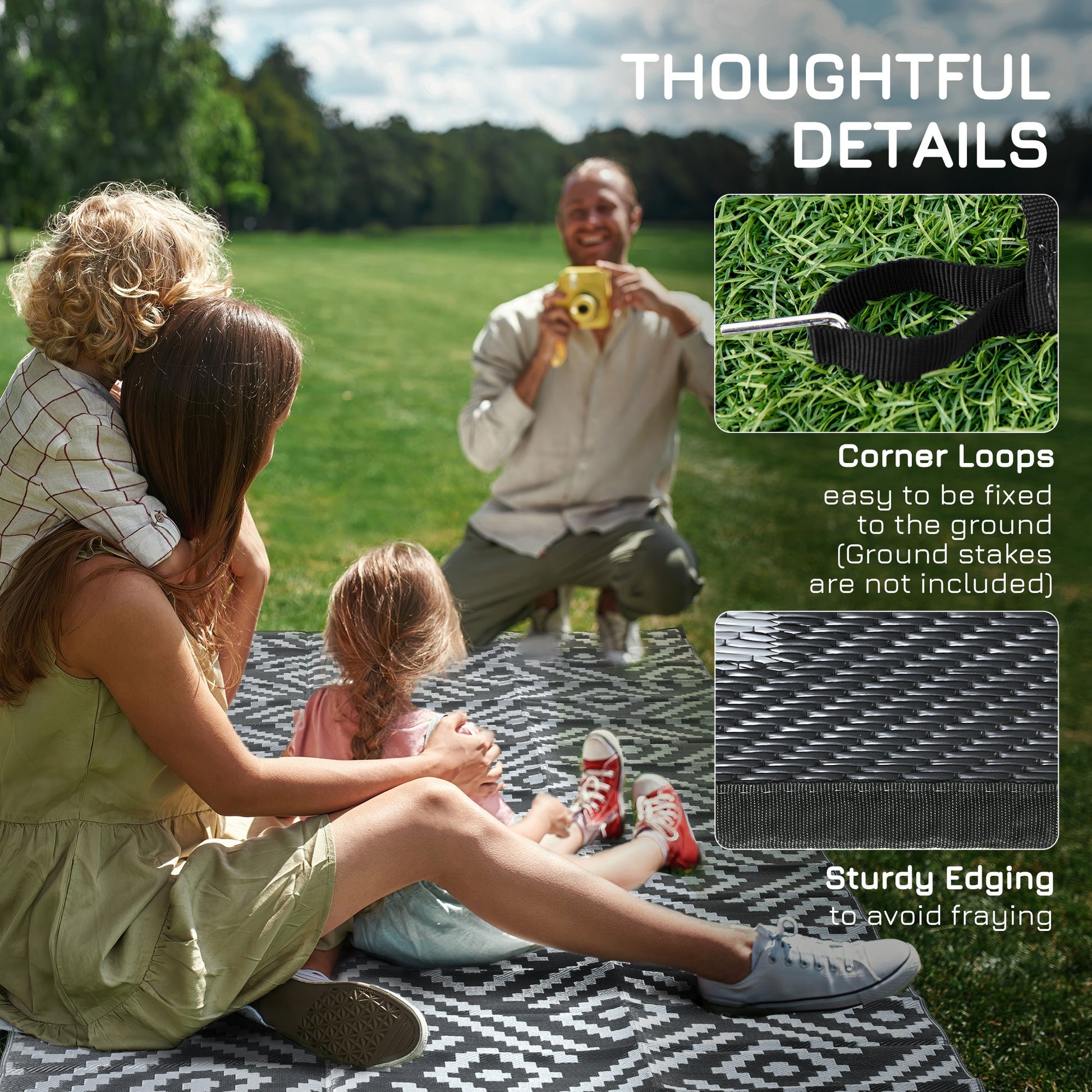 Portable Outdoor Rug with Carry Bag, 9' x 12' Reversible Mat, Waterproof Plastic Straw RV Rug for Backyard, Deck, Picnic, Beach, Camping, Black and Grey Geometric