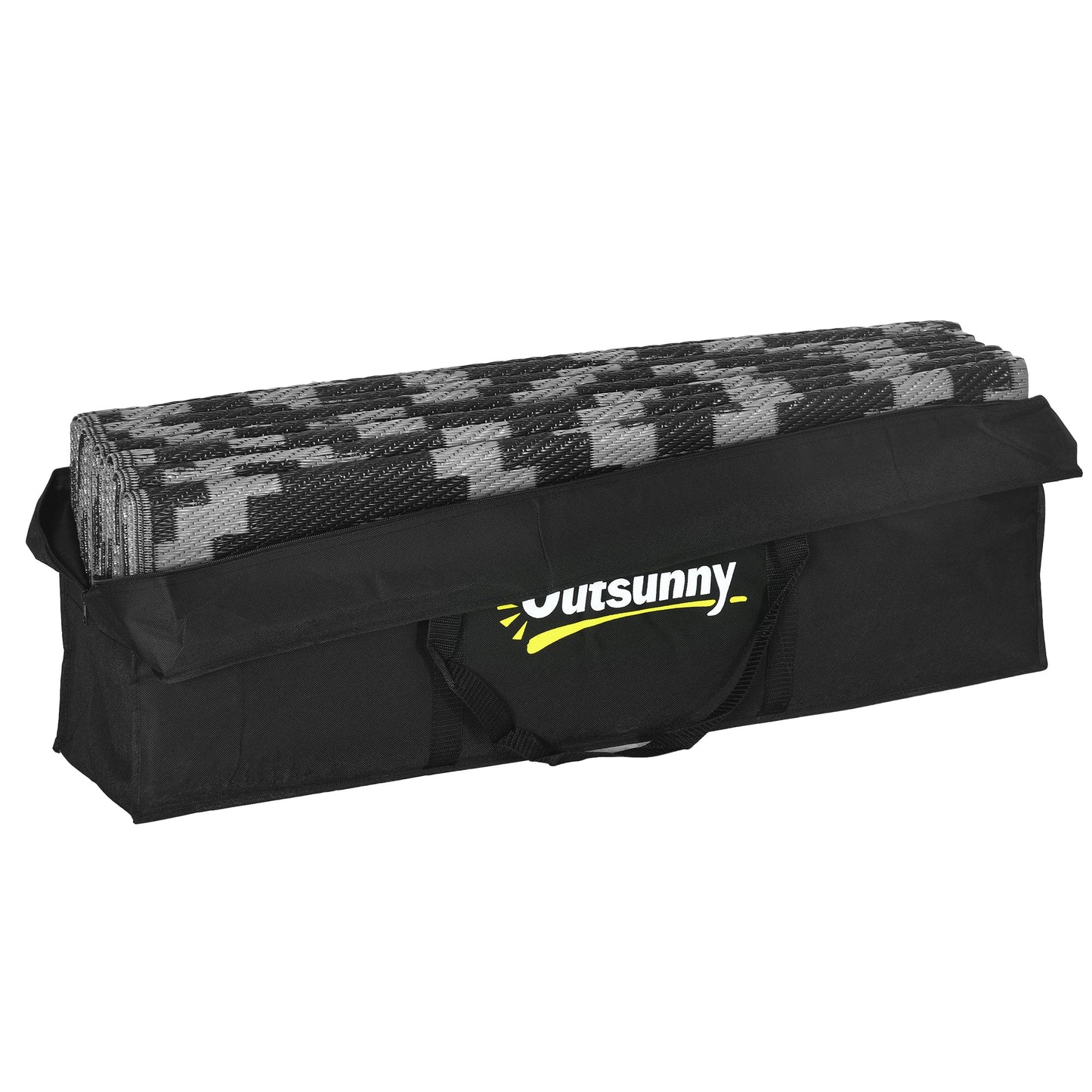 Portable Outdoor Rug with Carry Bag, 9' x 12' Reversible Mat, Waterproof Plastic Straw RV Rug for Backyard, Deck, Picnic, Beach, Camping, Black and Grey Geometric