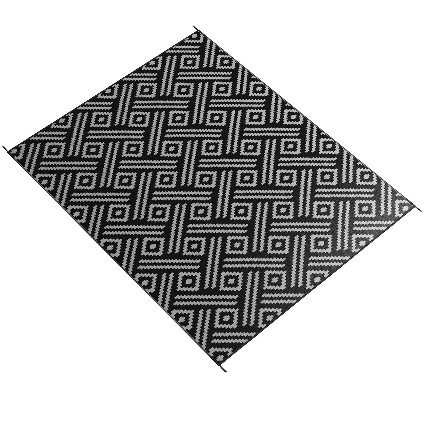Portable Outdoor Rug with Carry Bag, 9' x 12' Reversible Mat, Waterproof Plastic Straw RV Rug for Backyard, Deck, Picnic, Beach, Camping, Black and Grey Geometric