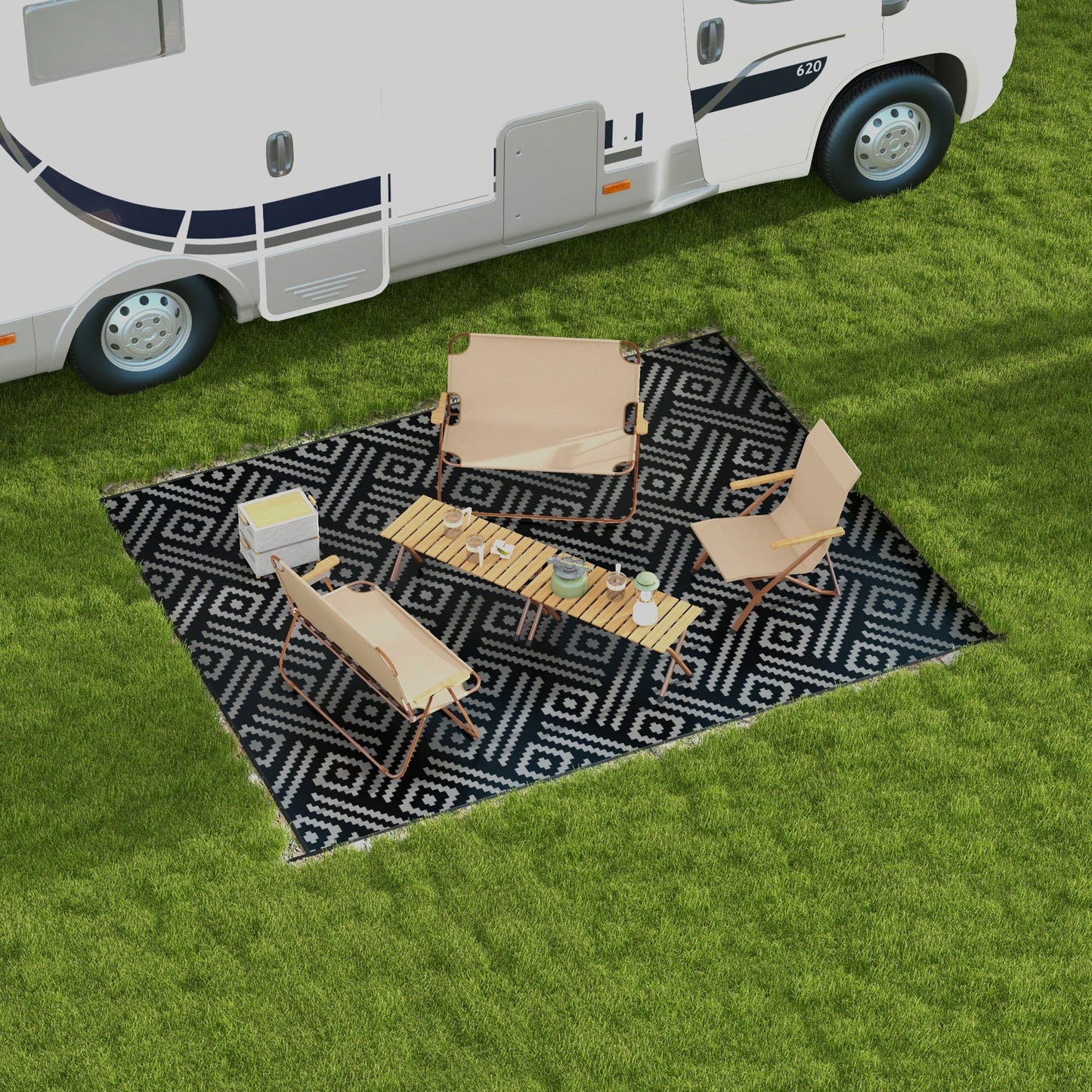 Portable Outdoor Rug with Carry Bag, 9' x 12' Reversible Mat, Waterproof Plastic Straw RV Rug for Backyard, Deck, Picnic, Beach, Camping, Black and Grey Geometric