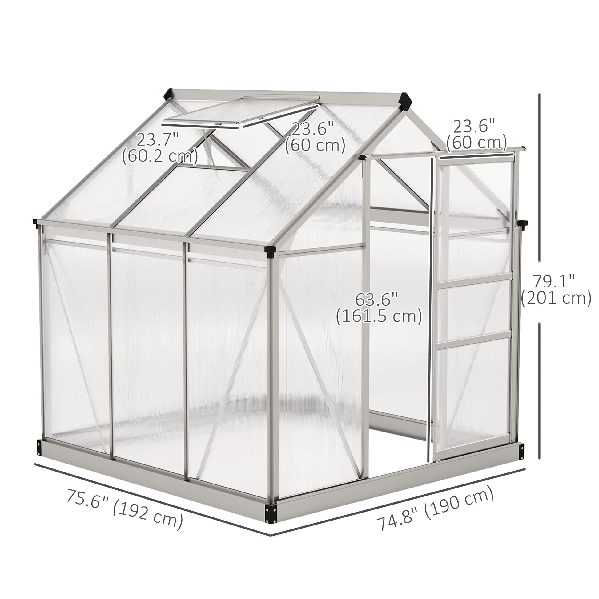 6' x 6' x 6.6' Polycarbonate Greenhouse, Walk-In Green House Kit Garden, Plants Grow, Galvanized Sheet Aluminum Frame with Rain Gutter, Vent and Sliding Door, Silver