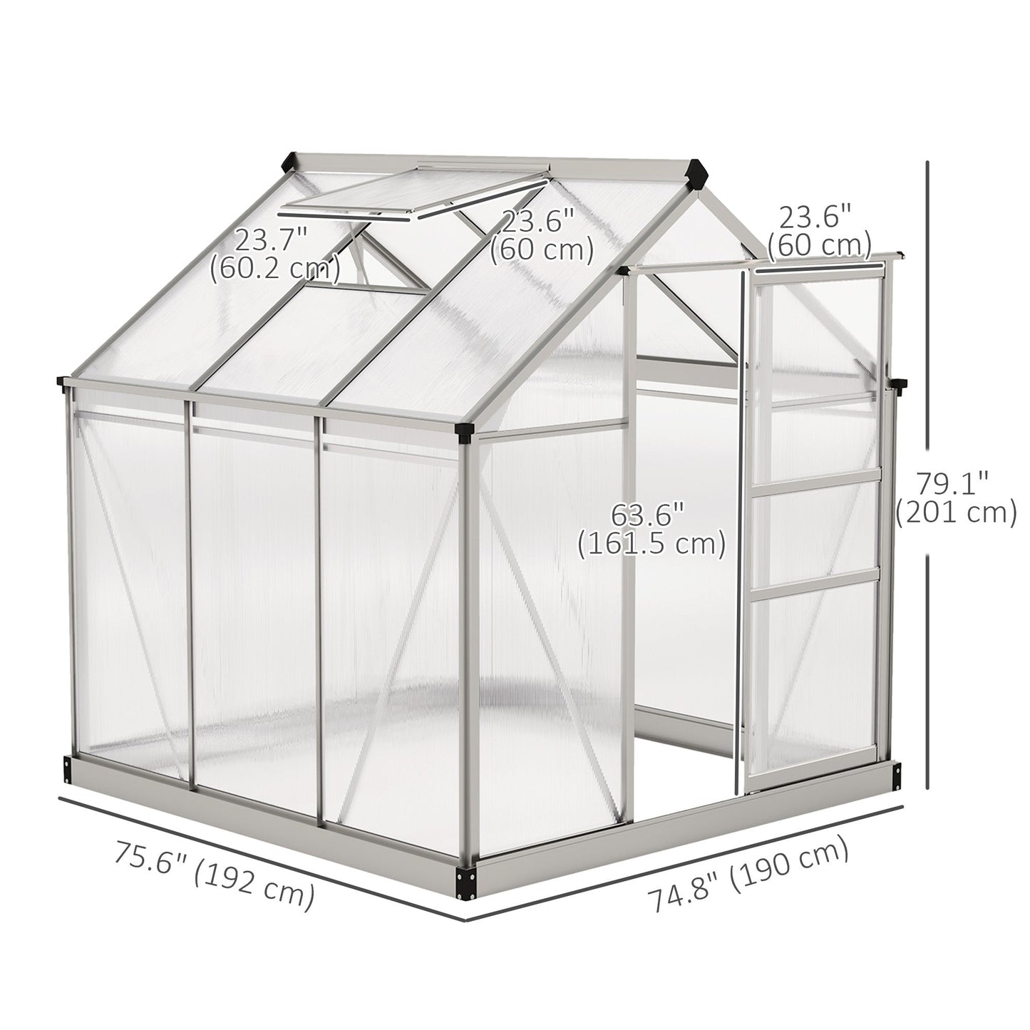 6' x 6' x 6.6' Polycarbonate Greenhouse, Walk-In Green House Kit Garden, Plants Grow, Galvanized Sheet Aluminum Frame with Rain Gutter, Vent and Sliding Door, Silver