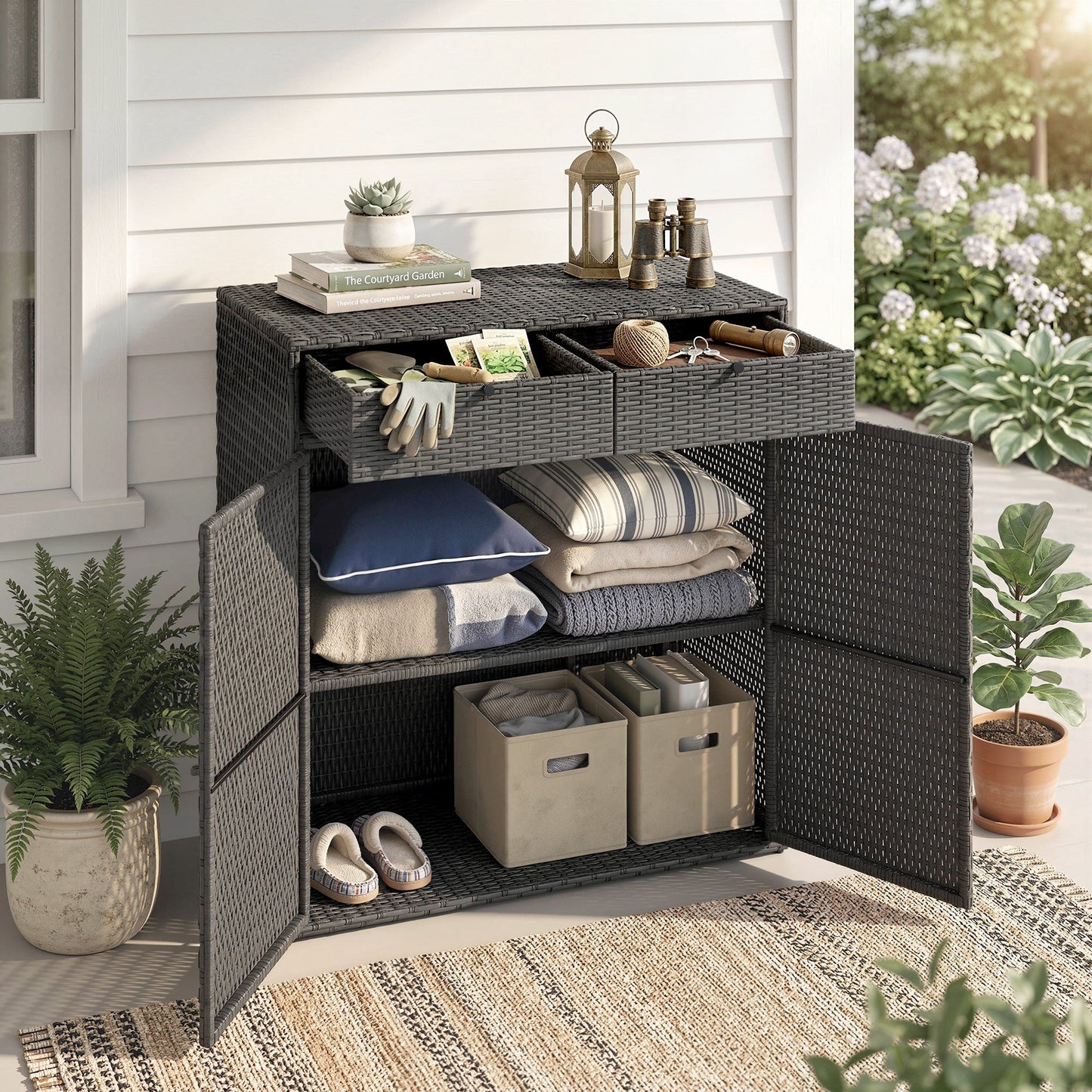 Wicker Outdoor Storage Cabinet, Double Door Patio Storage Cabinet with 2 Drawers and 2-Tier Shelves, PE Rattan Towel Rack Outdoor for Pool Garden Yard, Dark Grey