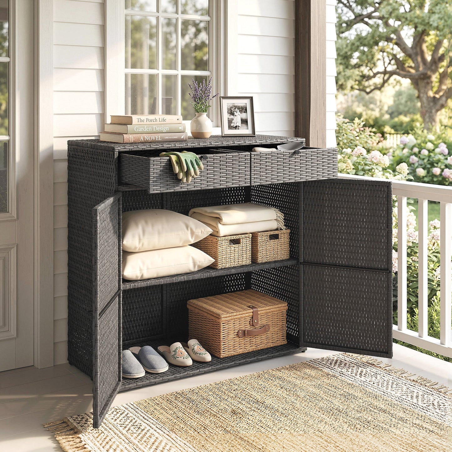 Wicker Outdoor Storage Cabinet, Double Door Patio Storage Cabinet with 2 Drawers and 2-Tier Shelves, PE Rattan Towel Rack Outdoor for Pool Garden Yard, Dark Grey