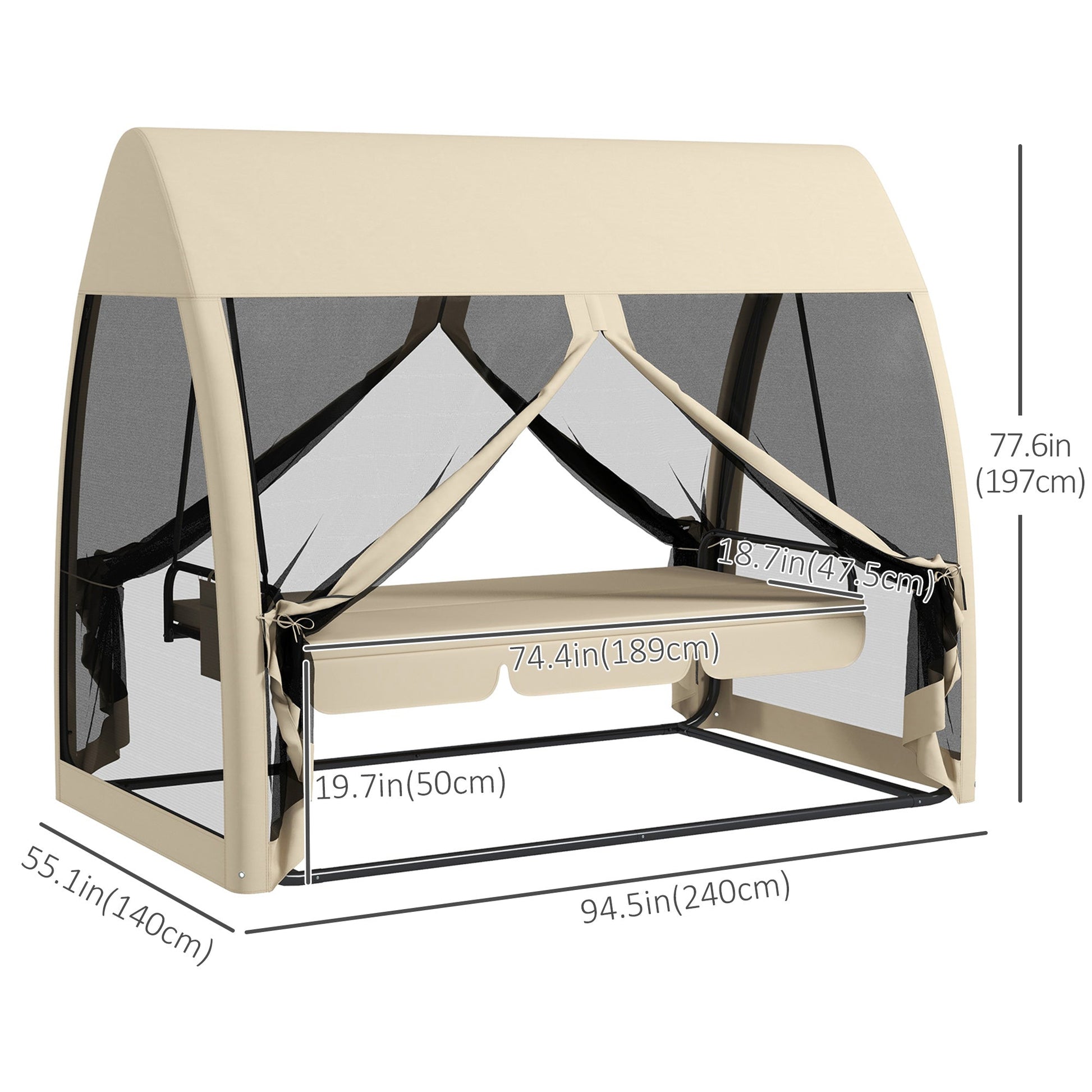 3-Seat Outdoor Swing Chair, Chaise Lounger Bed, Garden Hammock, Converting Flat Bed with Steel Stand, Canopy and Mesh Netting for Garden, Patio, Porch, Beige