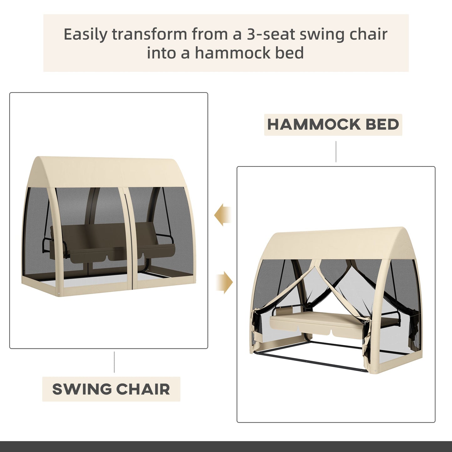3-Seat Outdoor Swing Chair, Chaise Lounger Bed, Garden Hammock, Converting Flat Bed with Steel Stand, Canopy and Mesh Netting for Garden, Patio, Porch, Beige