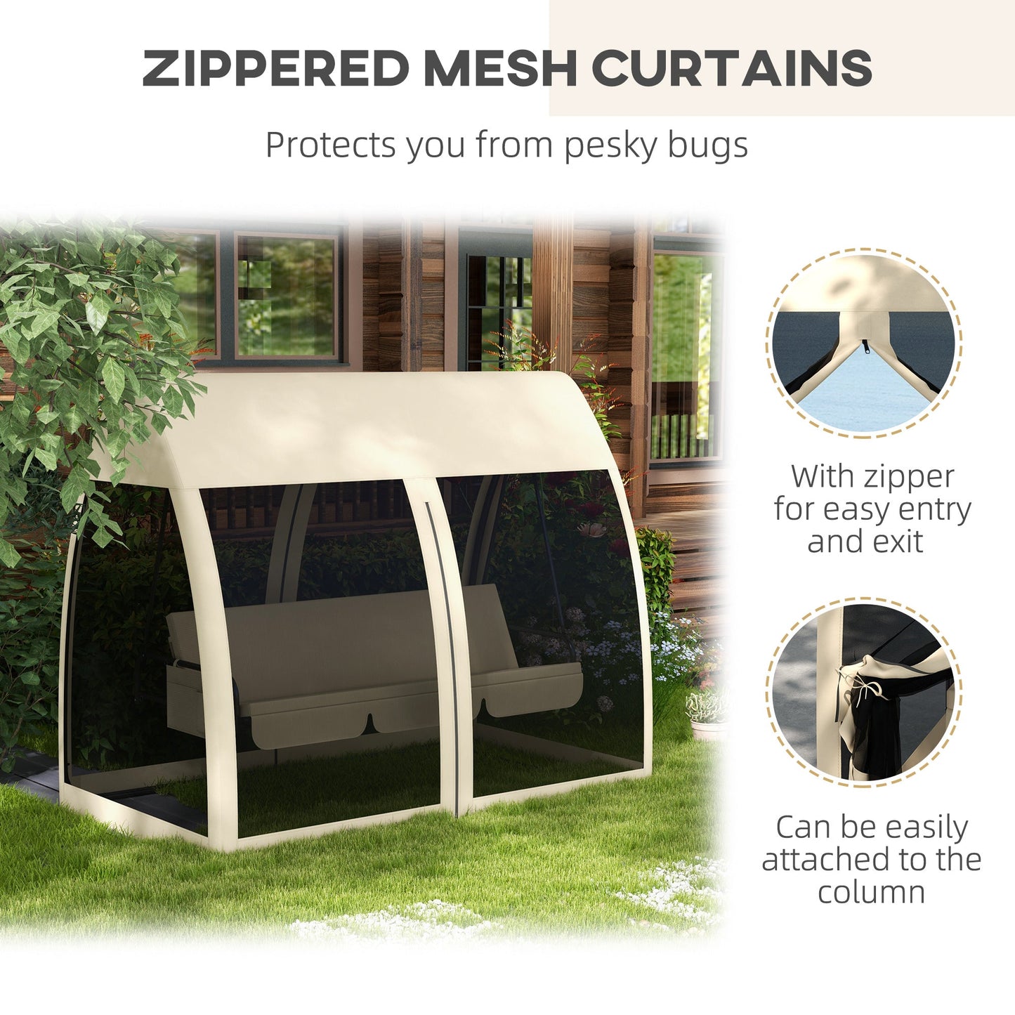 3-Seat Outdoor Swing Chair, Chaise Lounger Bed, Garden Hammock, Converting Flat Bed with Steel Stand, Canopy and Mesh Netting for Garden, Patio, Porch, Beige