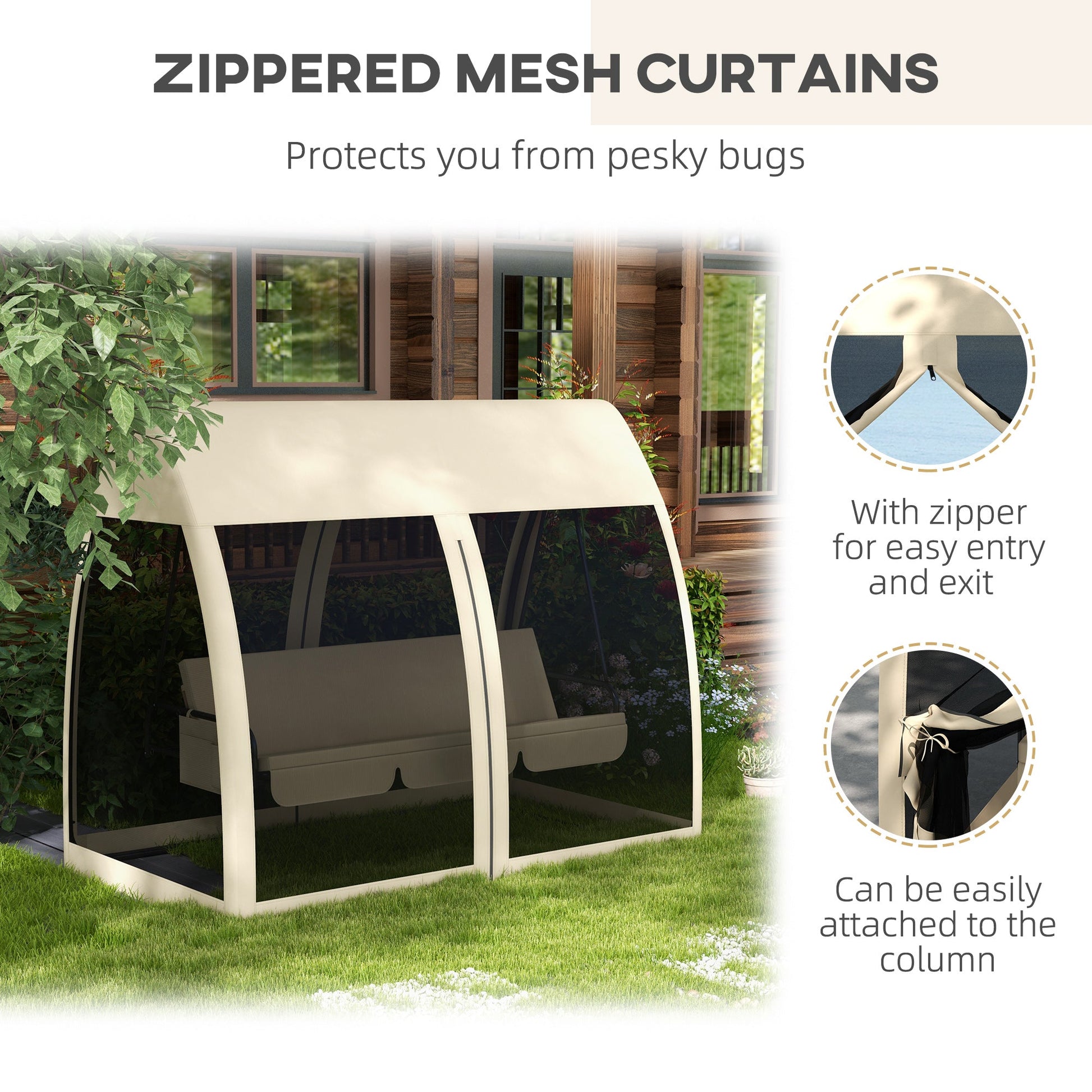 3-Seat Outdoor Swing Chair, Chaise Lounger Bed, Garden Hammock, Converting Flat Bed with Steel Stand, Canopy and Mesh Netting for Garden, Patio, Porch, Beige