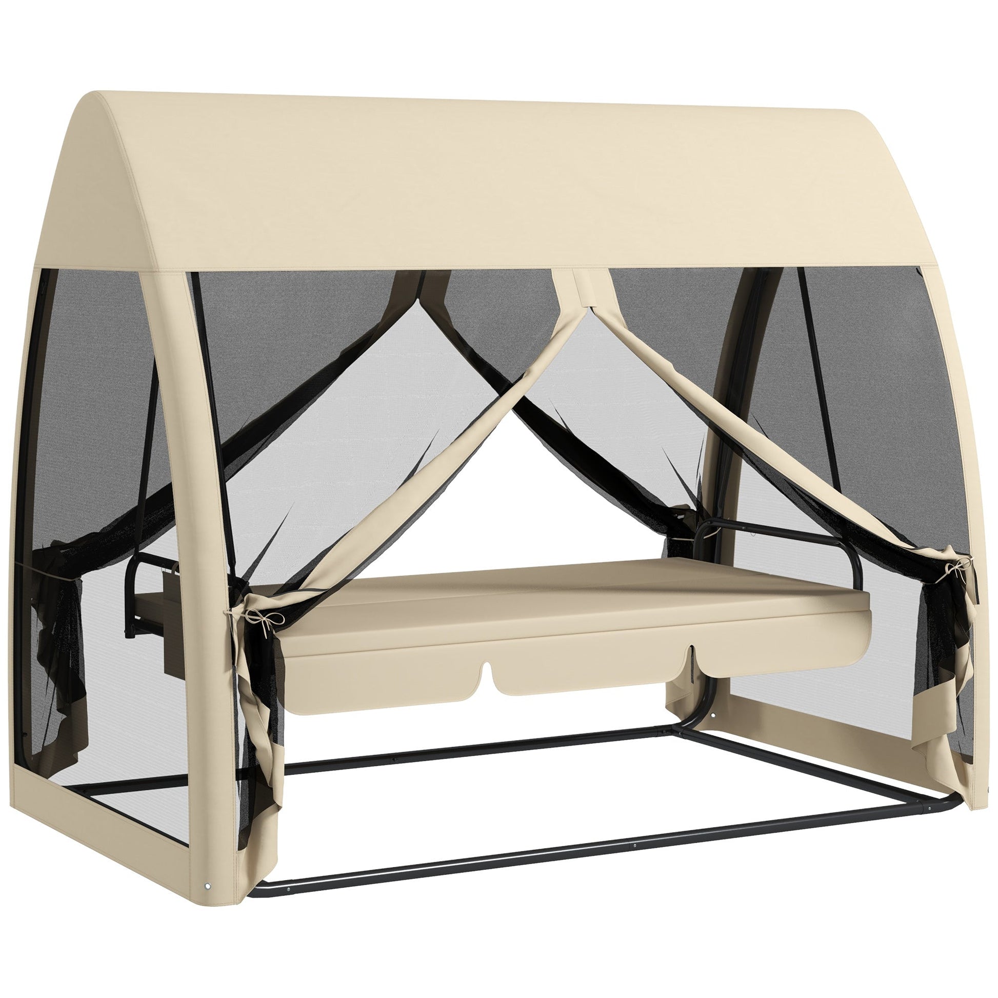 3-Seat Outdoor Swing Chair, Chaise Lounger Bed, Garden Hammock, Converting Flat Bed with Steel Stand, Canopy and Mesh Netting for Garden, Patio, Porch, Beige