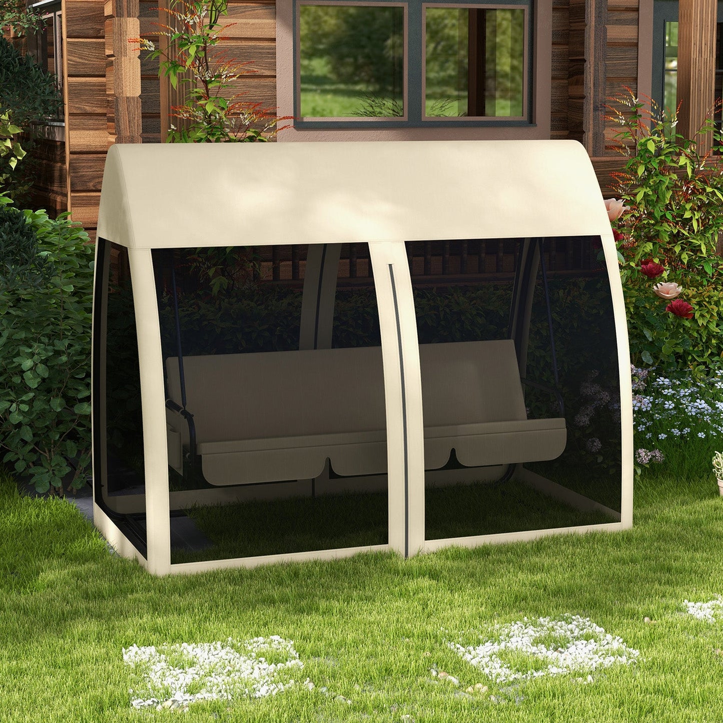 3-Seat Outdoor Swing Chair, Chaise Lounger Bed, Garden Hammock, Converting Flat Bed with Steel Stand, Canopy and Mesh Netting for Garden, Patio, Porch, Beige