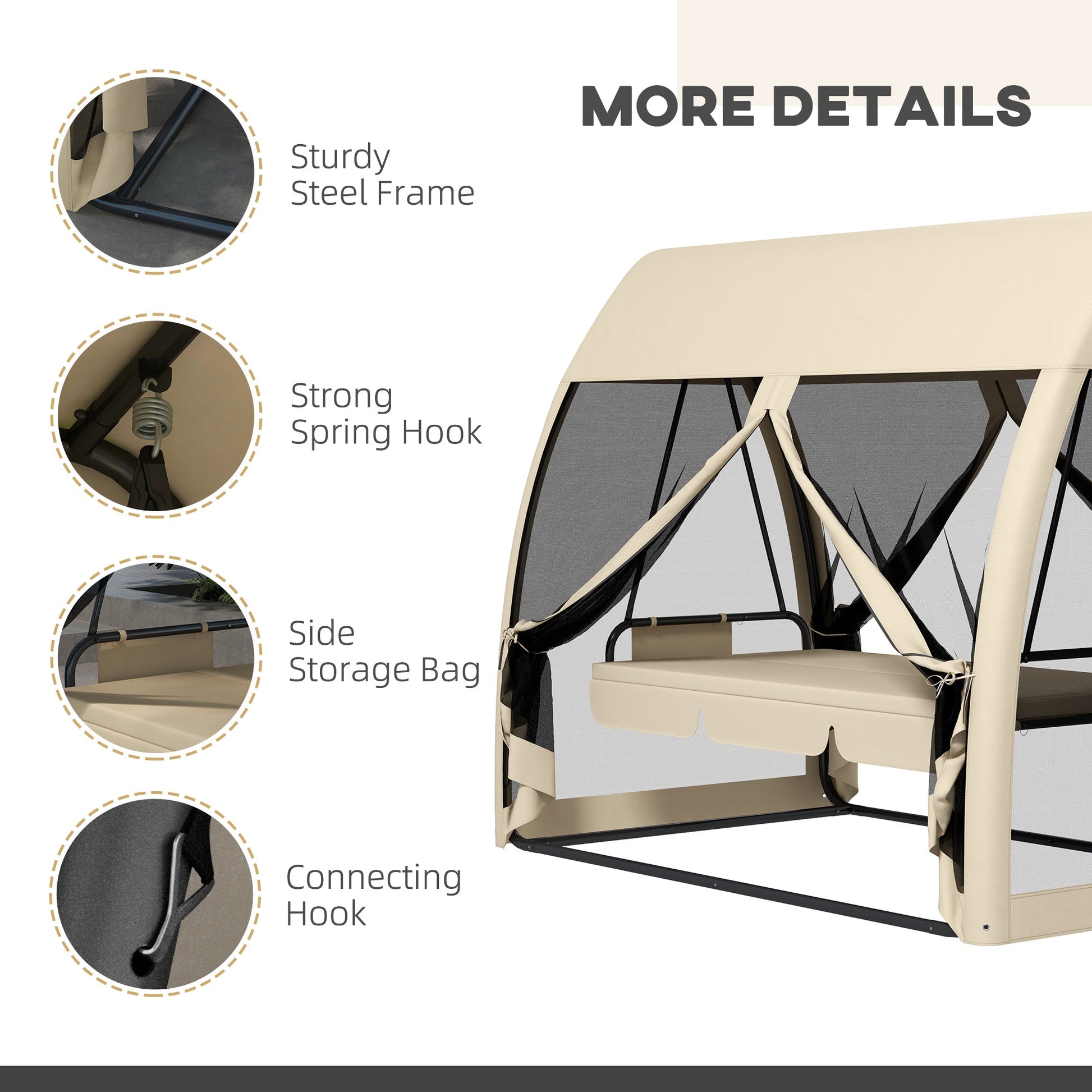 3-Seat Outdoor Swing Chair, Chaise Lounger Bed, Garden Hammock, Converting Flat Bed with Steel Stand, Canopy and Mesh Netting for Garden, Patio, Porch, Beige