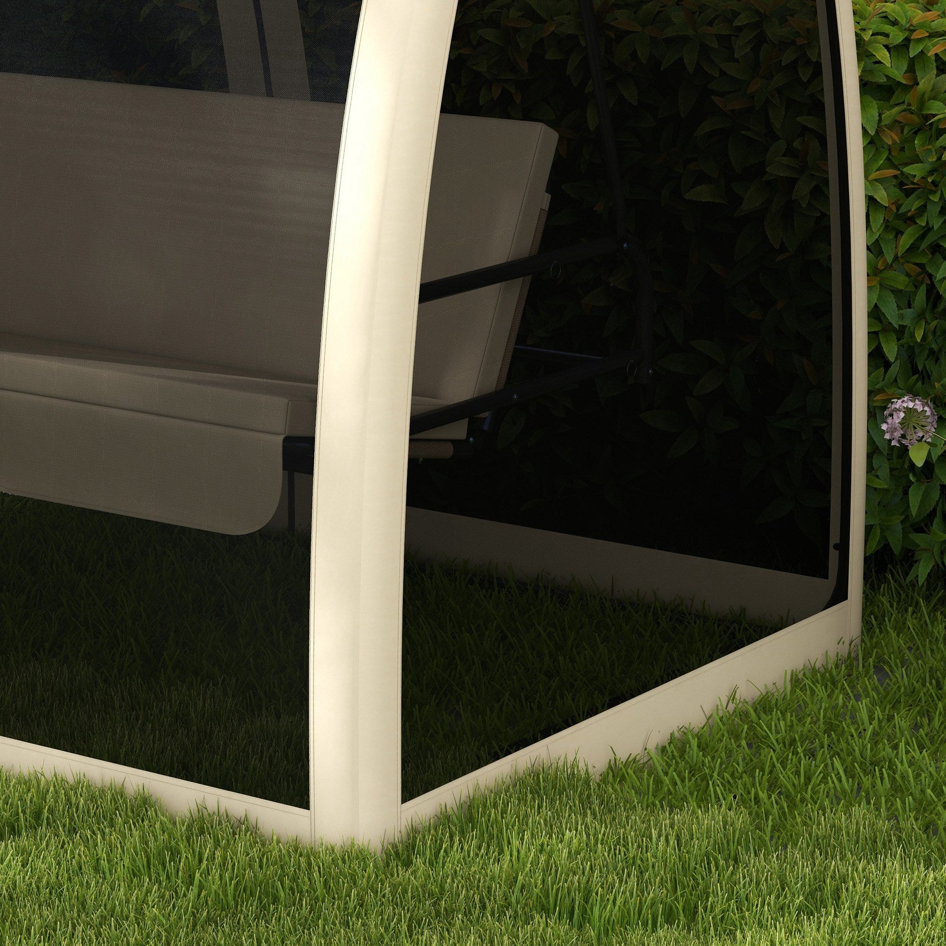 3-Seat Outdoor Swing Chair, Chaise Lounger Bed, Garden Hammock, Converting Flat Bed with Steel Stand, Canopy and Mesh Netting for Garden, Patio, Porch, Beige