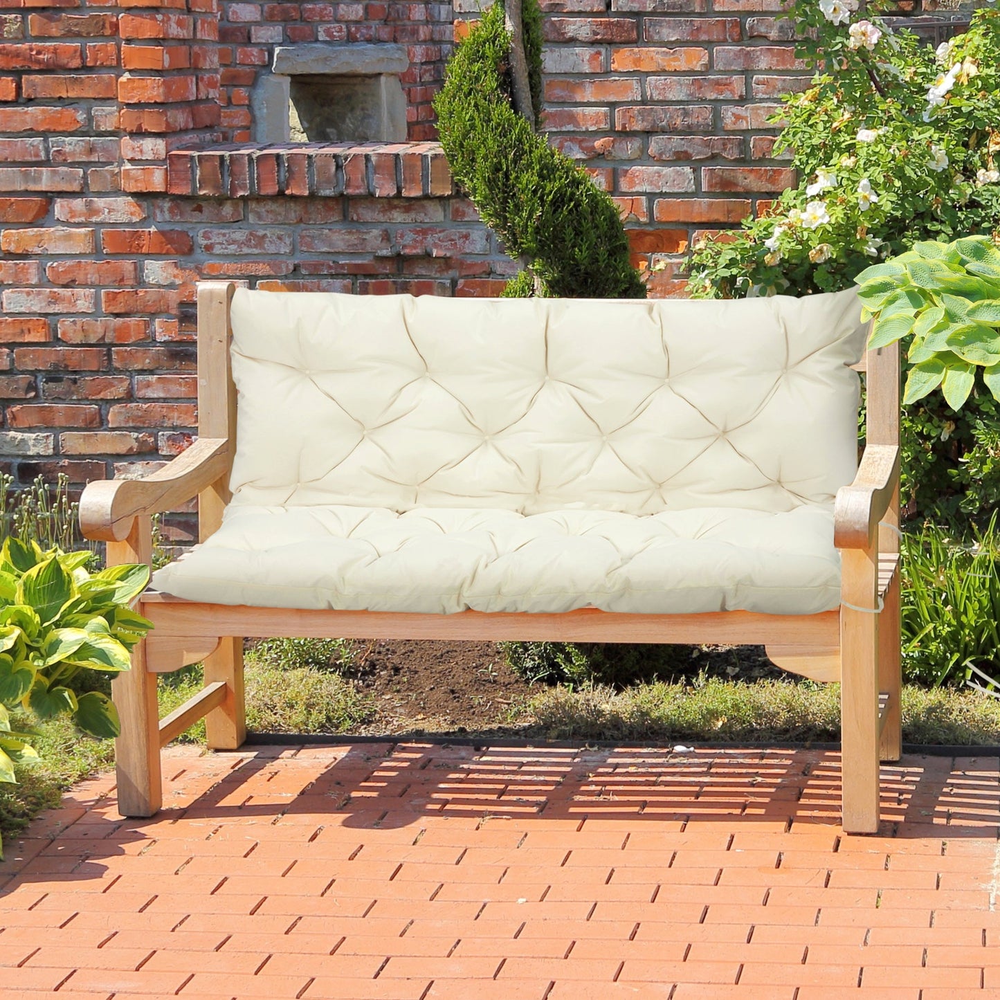 2 Seater Garden Bench Cushions, Thick Outdoor Non-Slip 2 Seater Soft Pad With Backrest for Garden Patio, 52" x 43" x 4", Beige