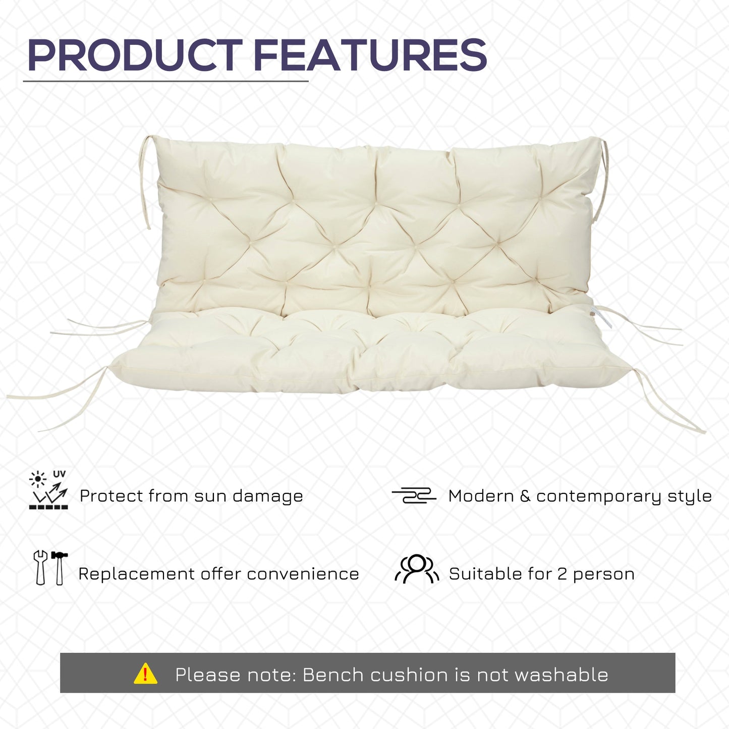 2 Seater Garden Bench Cushions, Thick Outdoor Non-Slip 2 Seater Soft Pad With Backrest for Garden Patio, 52" x 43" x 4", Beige