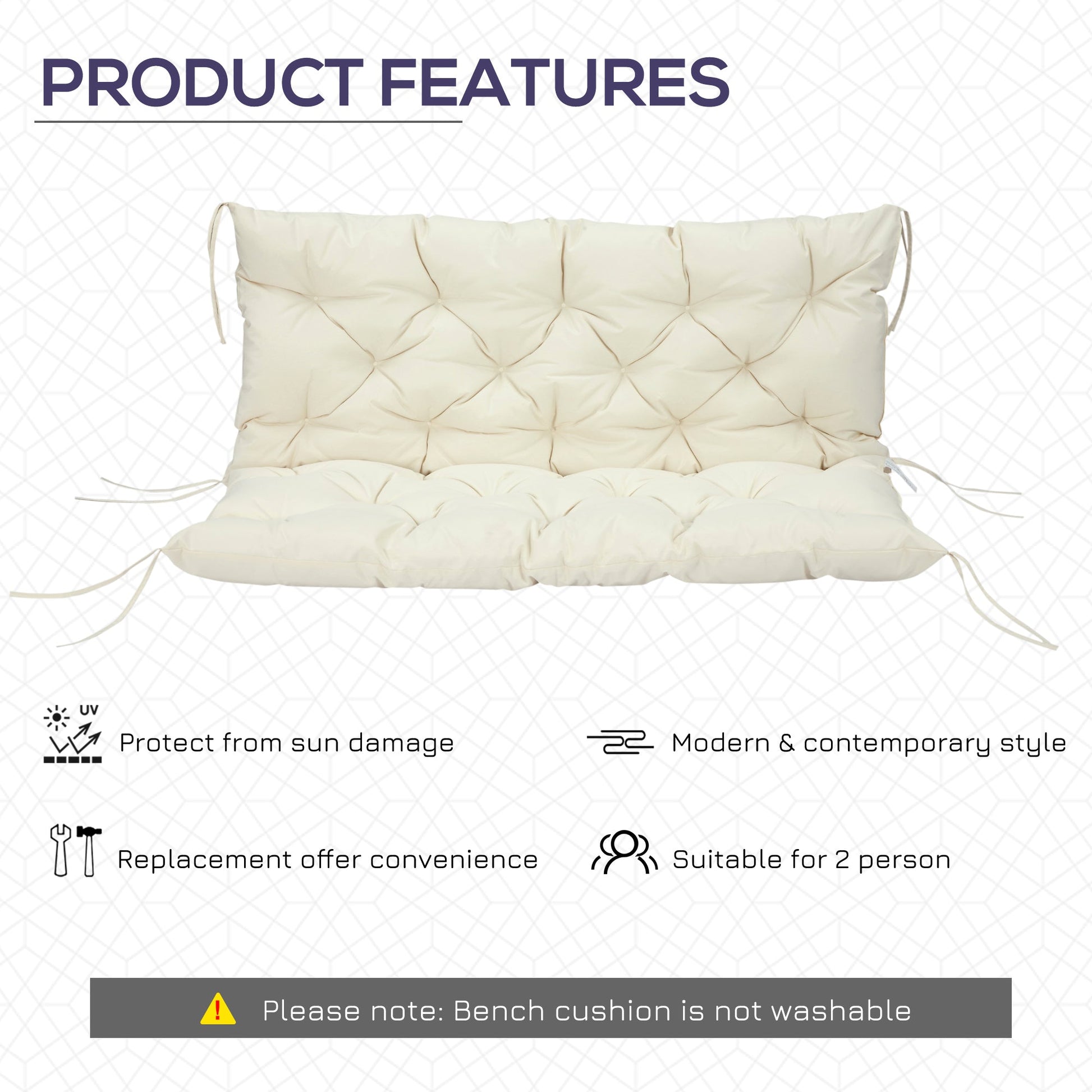 2 Seater Garden Bench Cushions, Thick Outdoor Non-Slip 2 Seater Soft Pad With Backrest for Garden Patio, 52" x 43" x 4", Beige