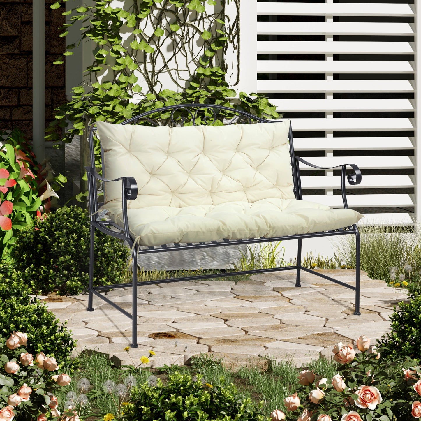 2 Seater Garden Bench Cushions, Thick Outdoor Non-Slip 2 Seater Soft Pad With Backrest for Garden Patio, 52" x 43" x 4", Beige
