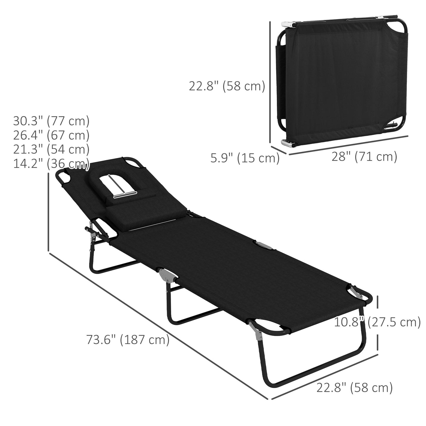2PCS Adjustable Outdoor Lounge Chair, Garden Folding Chaise Lounge with Face Hole Reclining Tanning Chair Seat, Folding Camping Beach Lounging Bed w/ Head Support, Black