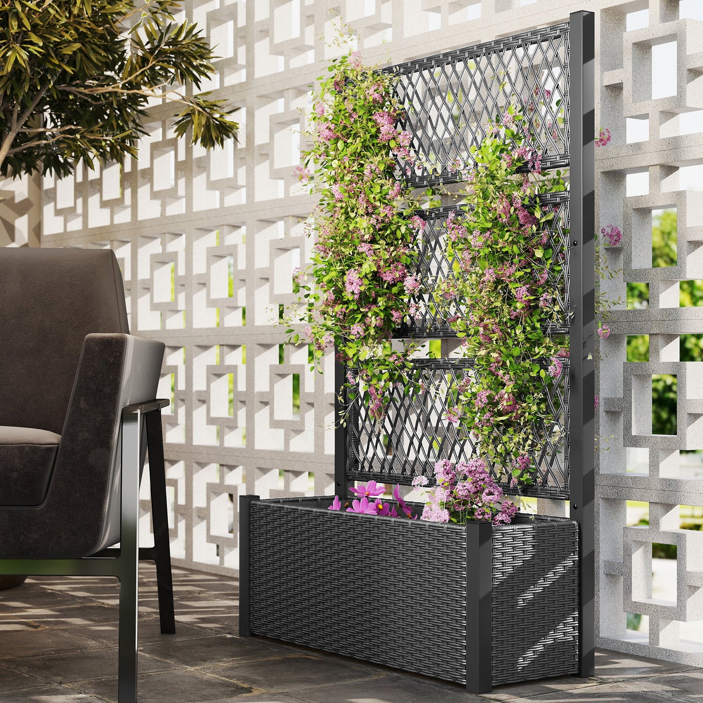 Wicker Outdoor Planter with Trellis, 58" Standing Raised Garden Bed with Liner, Drainage Holes, Privacy Screen Planter Box for Climbing Plants, Flowers, Dark Grey