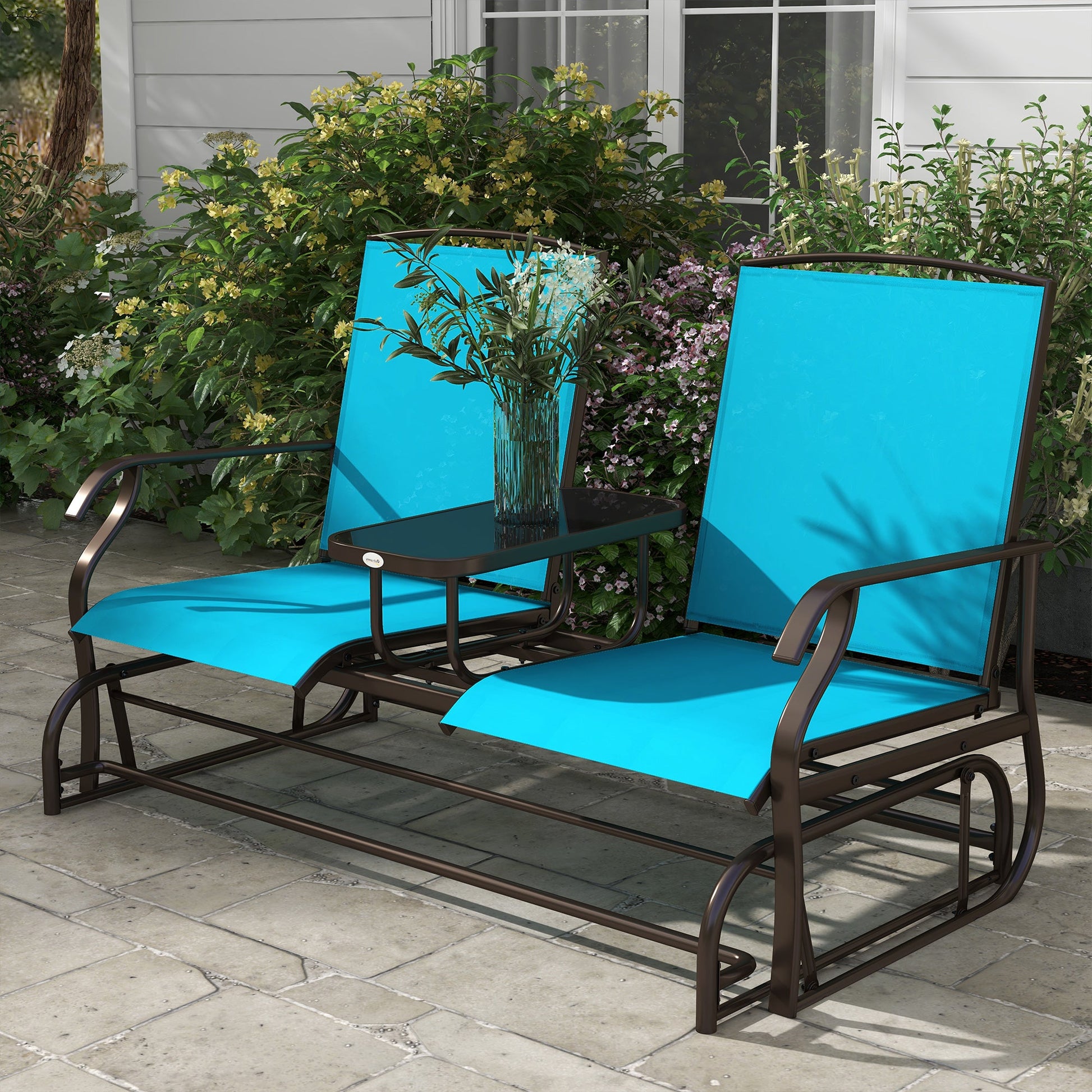 Outdoor Glider Bench with Table, Patio Loveseat for 2 Persons, Garden Glider Rocking Chair with Breathable Mesh Fabric, Blue