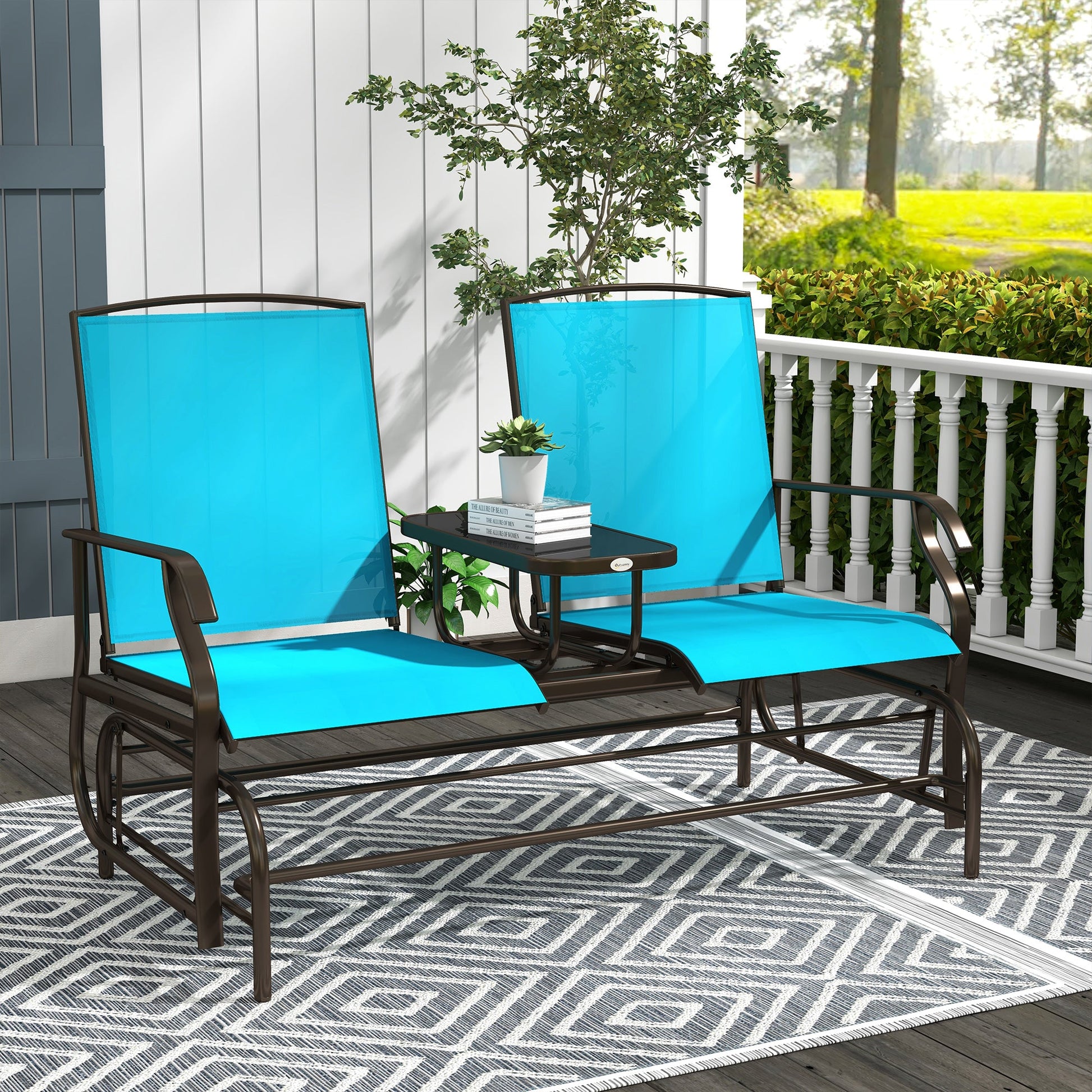 Outdoor Glider Bench with Table, Patio Loveseat for 2 Persons, Garden Glider Rocking Chair with Breathable Mesh Fabric, Blue