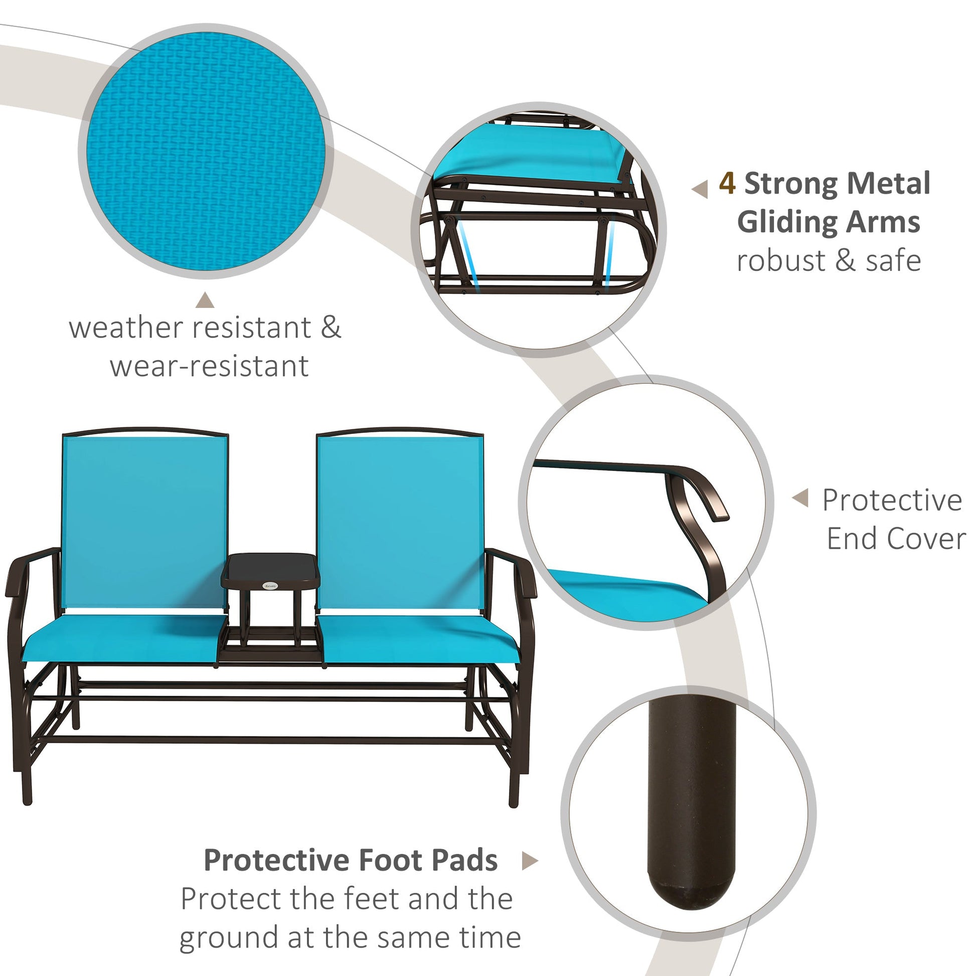Outdoor Glider Bench with Table, Patio Loveseat for 2 Persons, Garden Glider Rocking Chair with Breathable Mesh Fabric, Blue