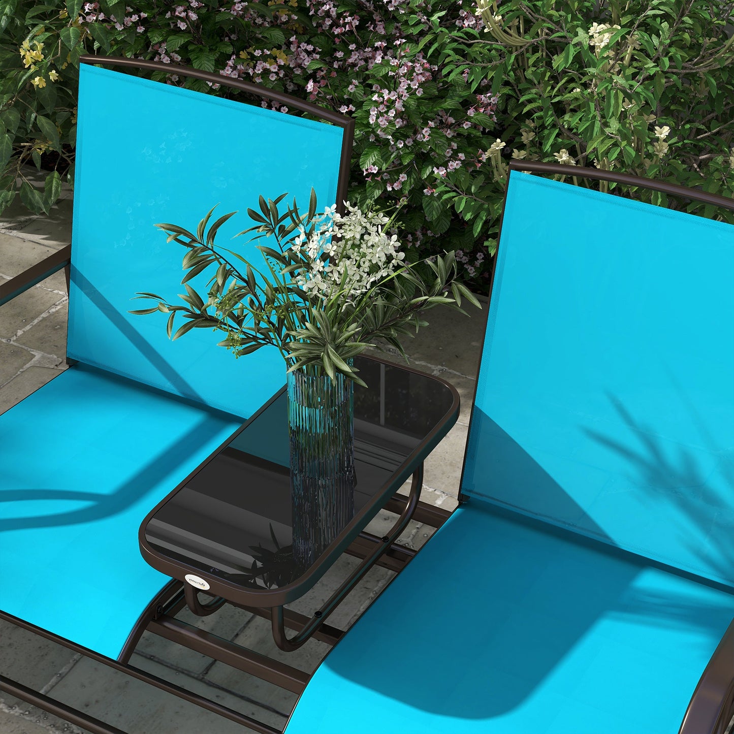 Outdoor Glider Bench with Table, Patio Loveseat for 2 Persons, Garden Glider Rocking Chair with Breathable Mesh Fabric, Blue