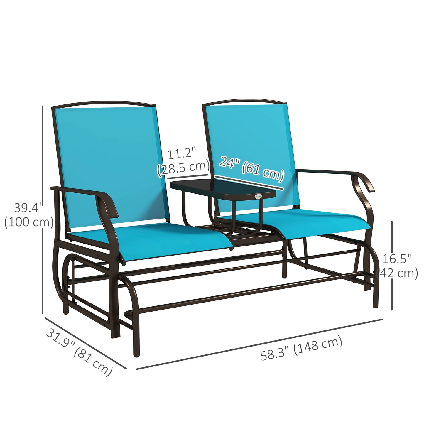 Outdoor Glider Bench with Table, Patio Loveseat for 2 Persons, Garden Glider Rocking Chair with Breathable Mesh Fabric, Blue