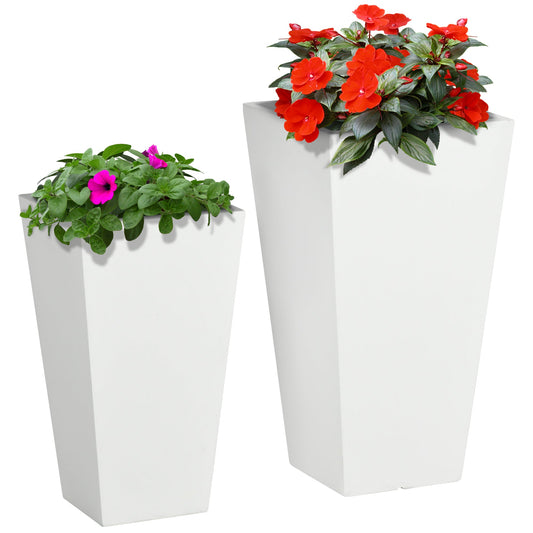 Set of 2 Tall Planters with Drainage Holes, 22" / 18" Outdoor Flower Pots for Patio, Yard, Garden, White