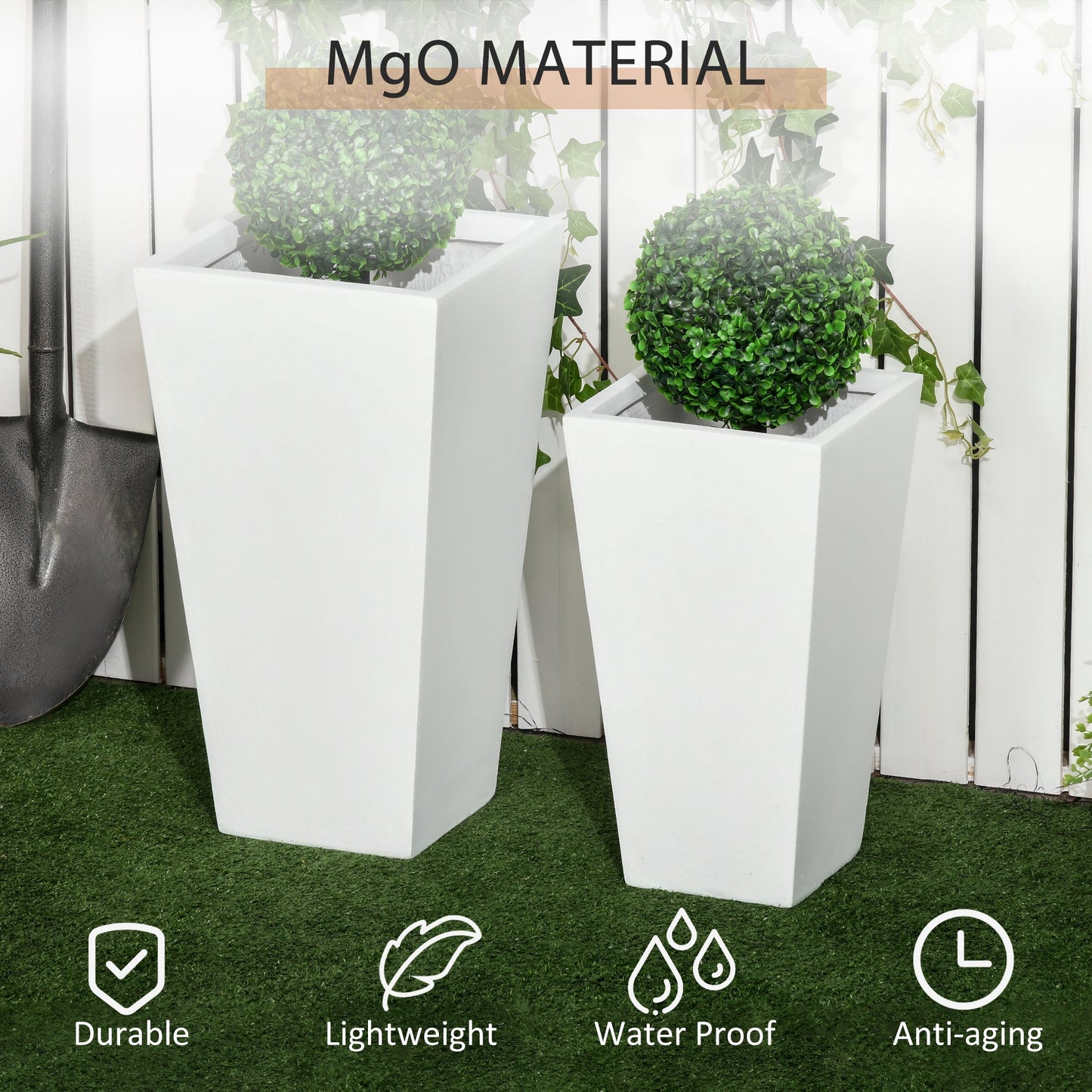 Set of 2 Tall Planters with Drainage Holes, 22" / 18" Outdoor Flower Pots for Patio, Yard, Garden, White