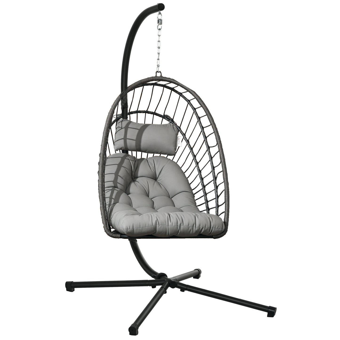 Outdoor Rattan Swing Chair with Foldable Basket and Cushion, Garden Patio Hanging Egg Chair with Metal Stand, Headrest for Indoor and Outdoor, Light Grey