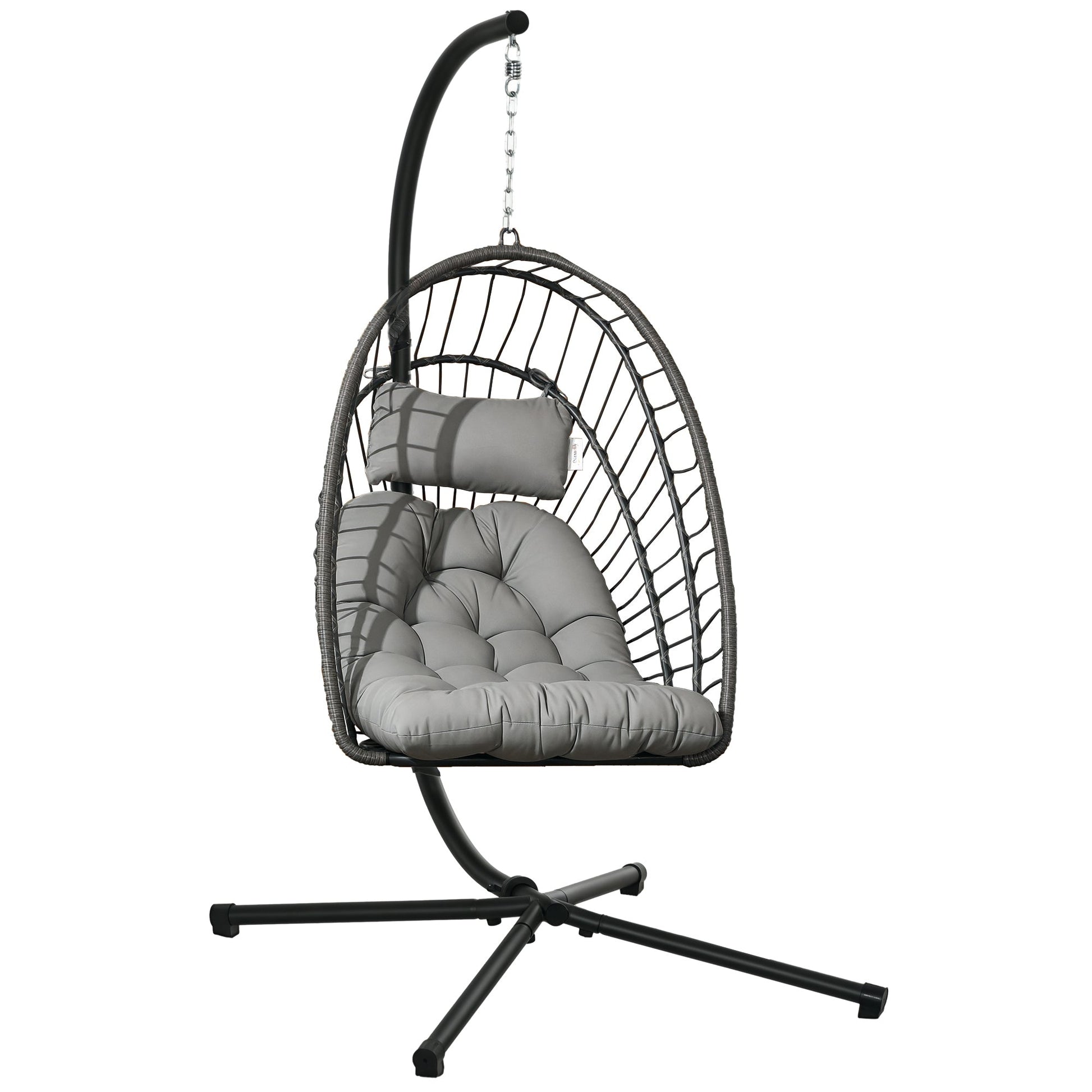 Outdoor Rattan Swing Chair with Foldable Basket and Cushion, Garden Patio Hanging Egg Chair with Metal Stand, Headrest for Indoor and Outdoor, Light Grey