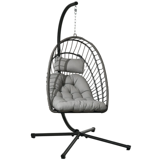 Outdoor Rattan Swing Chair with Foldable Basket and Cushion, Garden Patio Hanging Egg Chair with Metal Stand, Headrest for Indoor and Outdoor, Light Grey