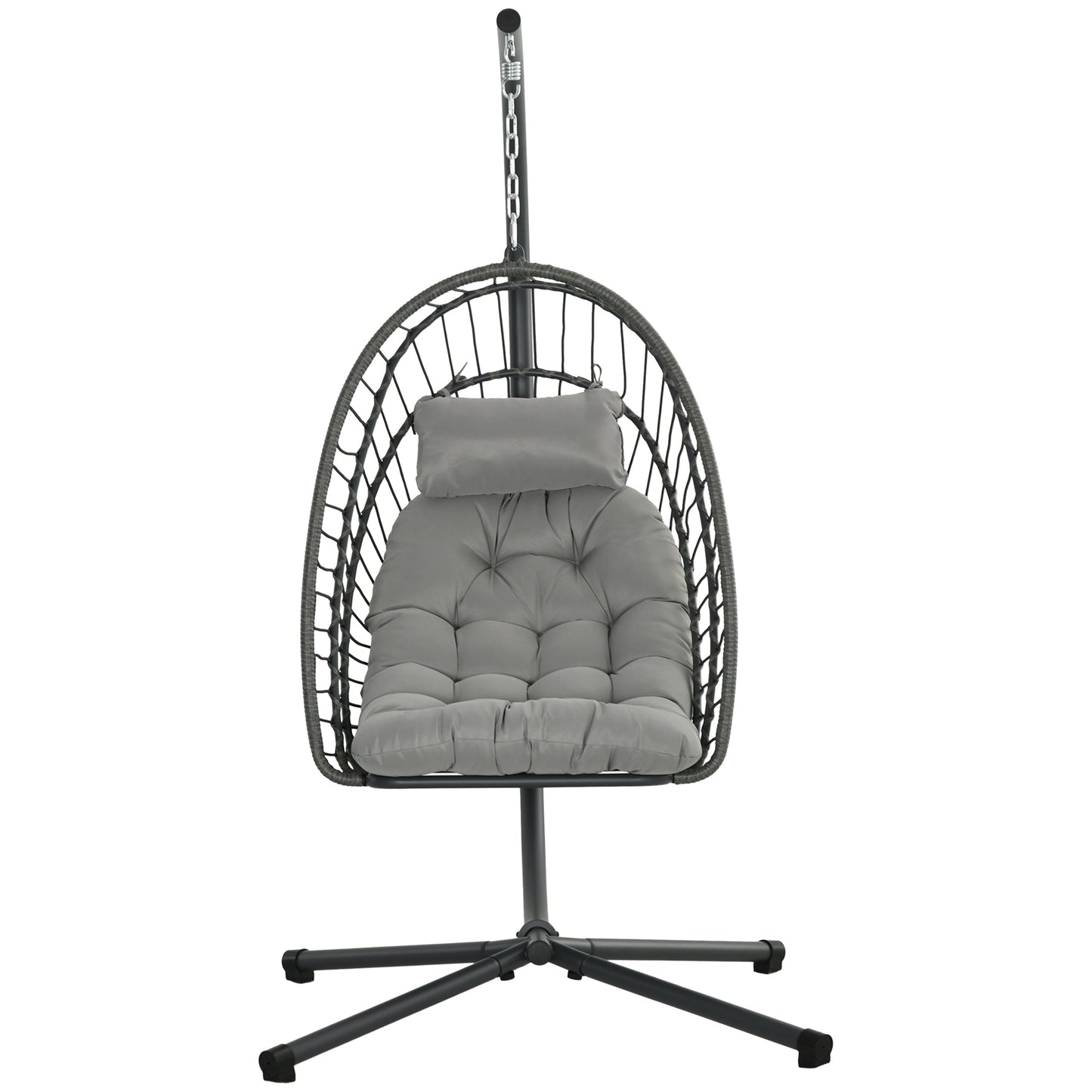 Outdoor Rattan Swing Chair with Foldable Basket and Cushion, Garden Patio Hanging Egg Chair with Metal Stand, Headrest for Indoor and Outdoor, Light Grey