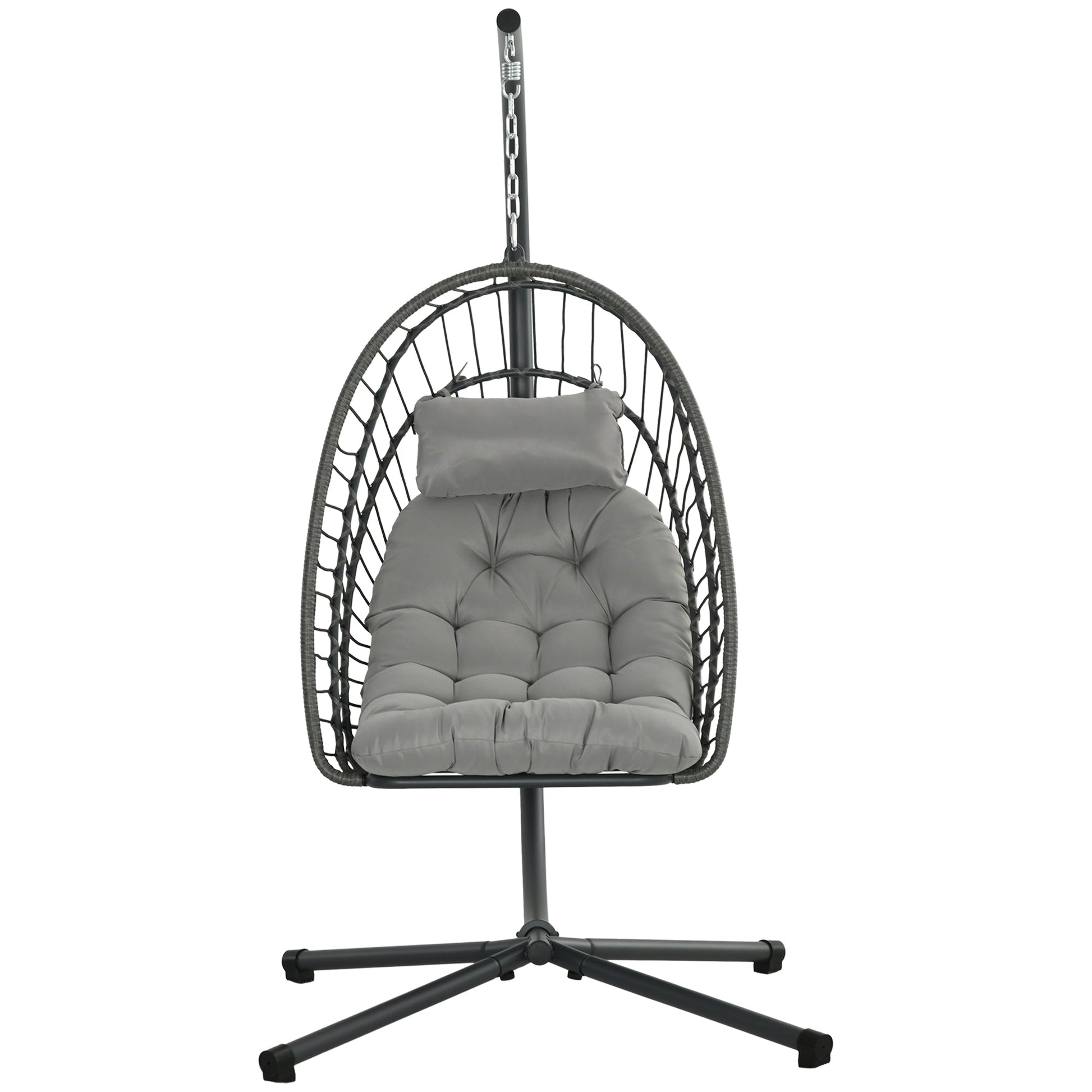 Outdoor Rattan Swing Chair with Foldable Basket and Cushion, Garden Patio Hanging Egg Chair with Metal Stand, Headrest for Indoor and Outdoor, Light Grey