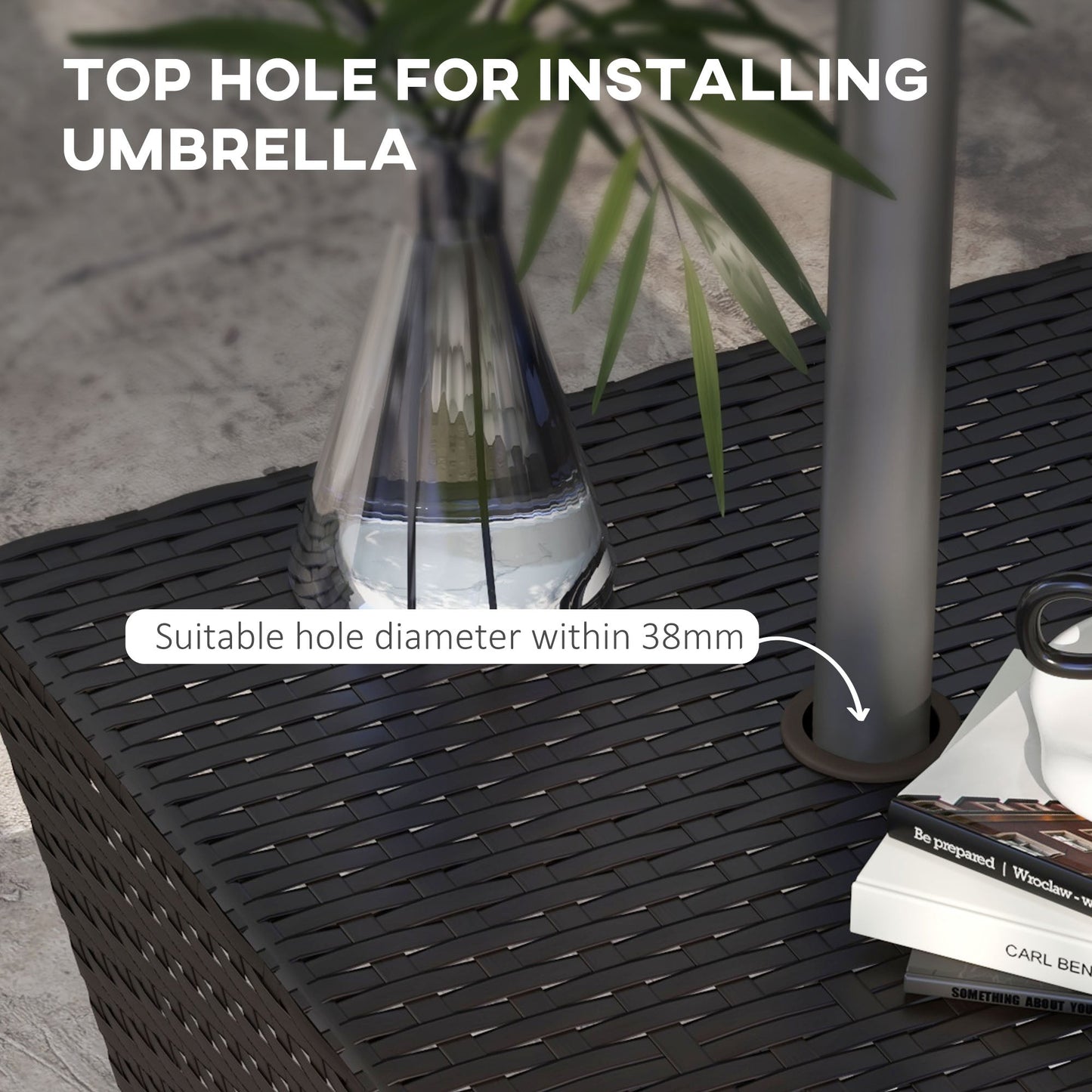 Rattan Wicker Outdoor Coffee Table, All Weather Side Table with Umbrella Hole, 2 Tier Storage Shelf, 21.3" Square End Table for Patio, Garden, Backyard, Coffee