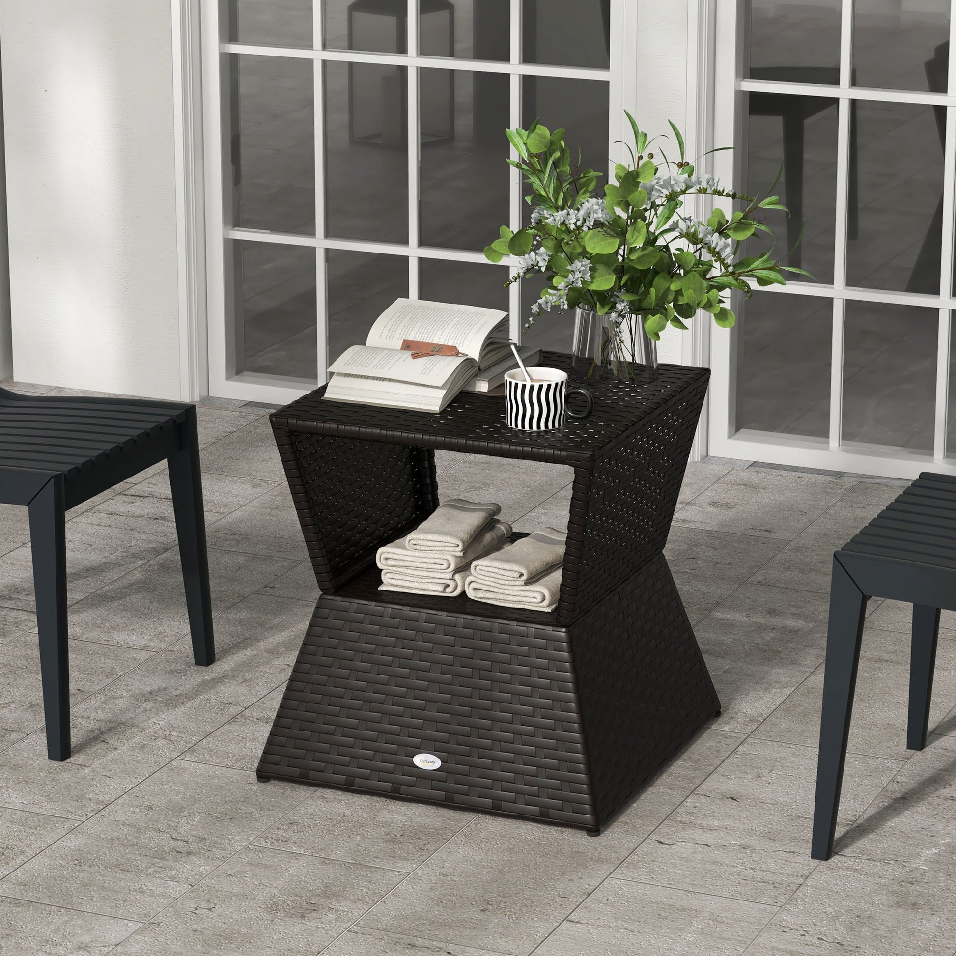 Rattan Wicker Outdoor Coffee Table, All Weather Side Table with Umbrella Hole, 2 Tier Storage Shelf, 21.3" Square End Table for Patio, Garden, Backyard, Coffee