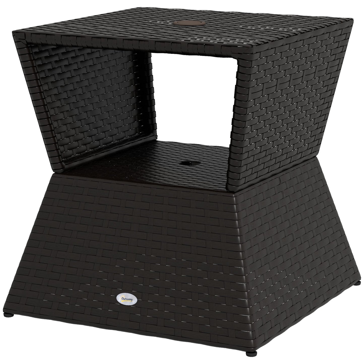 Rattan Wicker Outdoor Coffee Table, All Weather Side Table with Umbrella Hole, 2 Tier Storage Shelf, 21.3" Square End Table for Patio, Garden, Backyard, Coffee