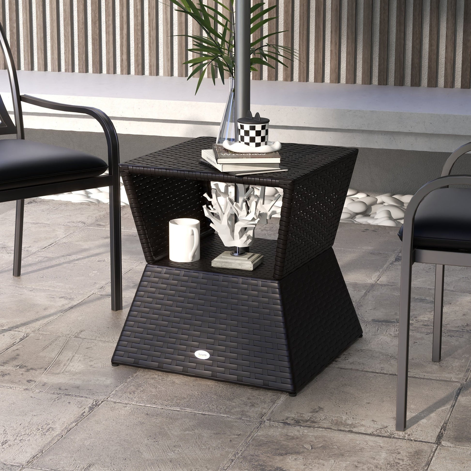 Rattan Wicker Outdoor Coffee Table, All Weather Side Table with Umbrella Hole, 2 Tier Storage Shelf, 21.3" Square End Table for Patio, Garden, Backyard, Coffee