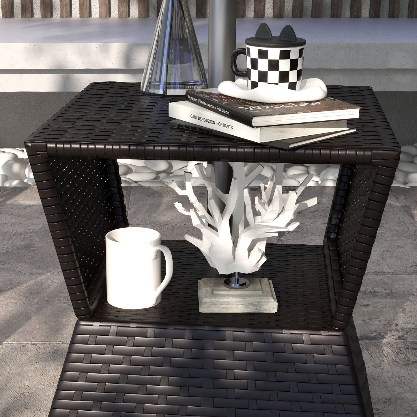 Rattan Wicker Outdoor Coffee Table, All Weather Side Table with Umbrella Hole, 2 Tier Storage Shelf, 21.3" Square End Table for Patio, Garden, Backyard, Coffee