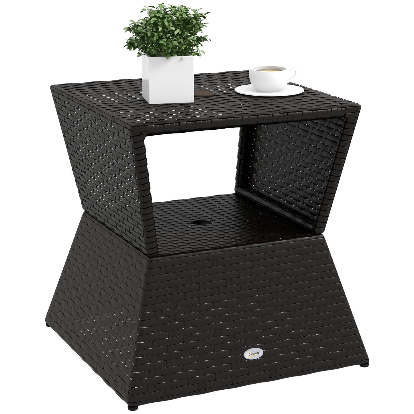 Rattan Wicker Outdoor Coffee Table, All Weather Side Table with Umbrella Hole, 2 Tier Storage Shelf, 21.3" Square End Table for Patio, Garden, Backyard, Coffee