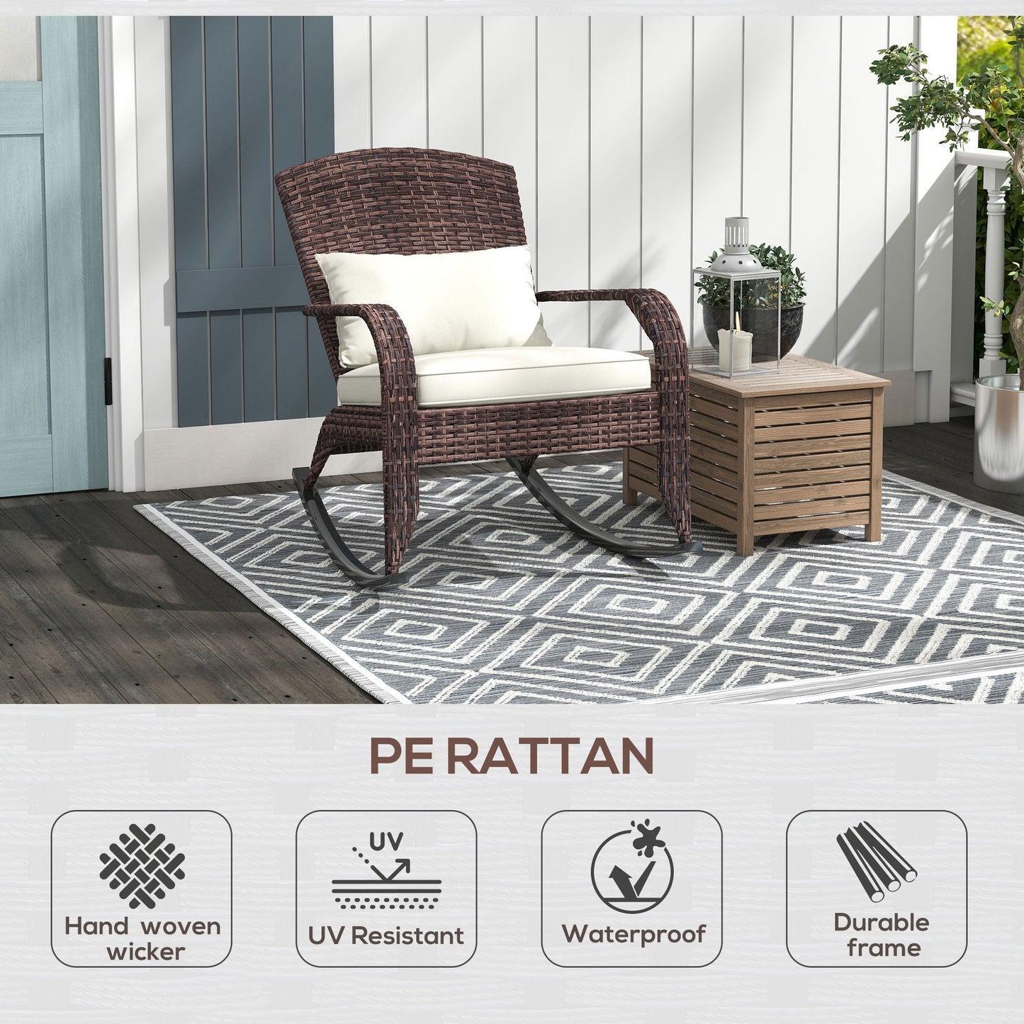Outdoor Wicker Adirondack Rocking Chair, Patio Rattan Rocker Chair with High Back, Seat Cushion and Pillow for Garden, Porch, Balcony, Cream White/Brown