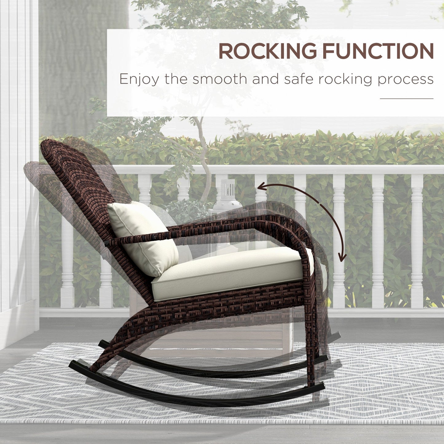 Outdoor Wicker Adirondack Rocking Chair, Patio Rattan Rocker Chair with High Back, Seat Cushion and Pillow for Garden, Porch, Balcony, Cream White/Brown