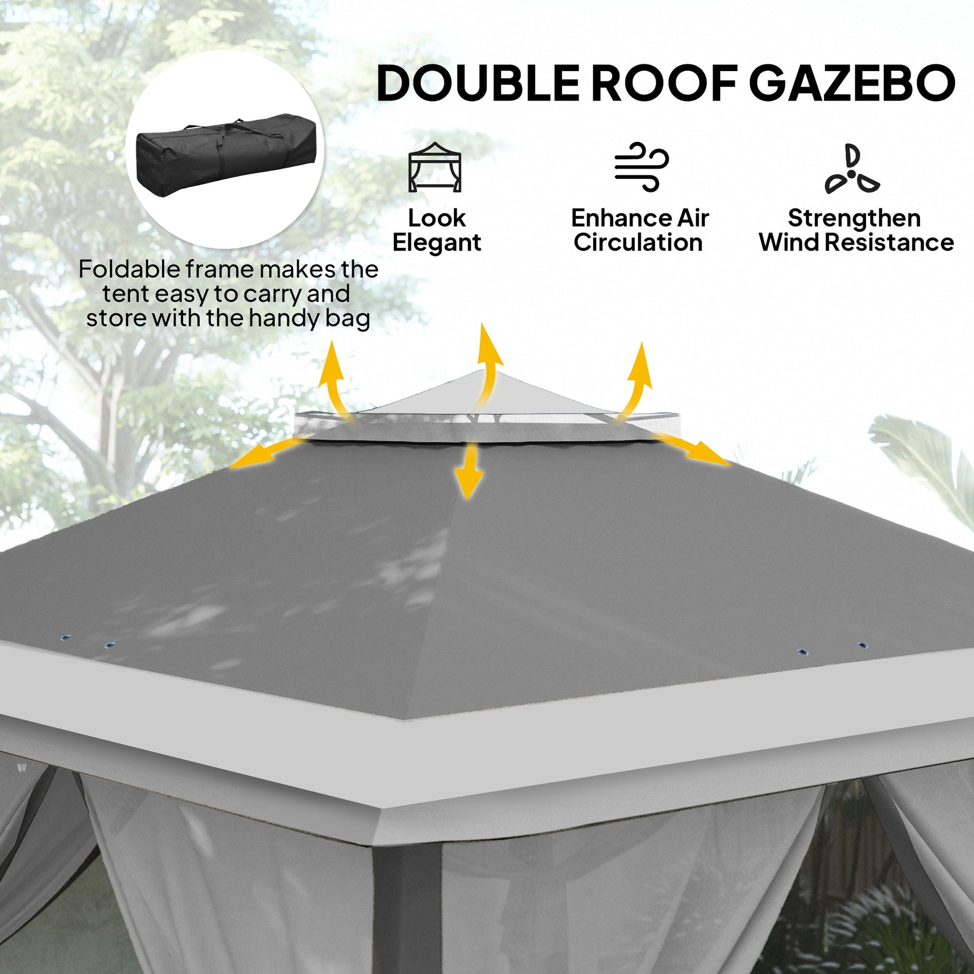 11' x 11' Pop Up Canopy, Double Roof Foldable Canopy Tent with Zipper Mesh Sidewalls, Height Adjustable and Carrying Bag, Event Tent for Patio Garden Backyard, Dark Grey